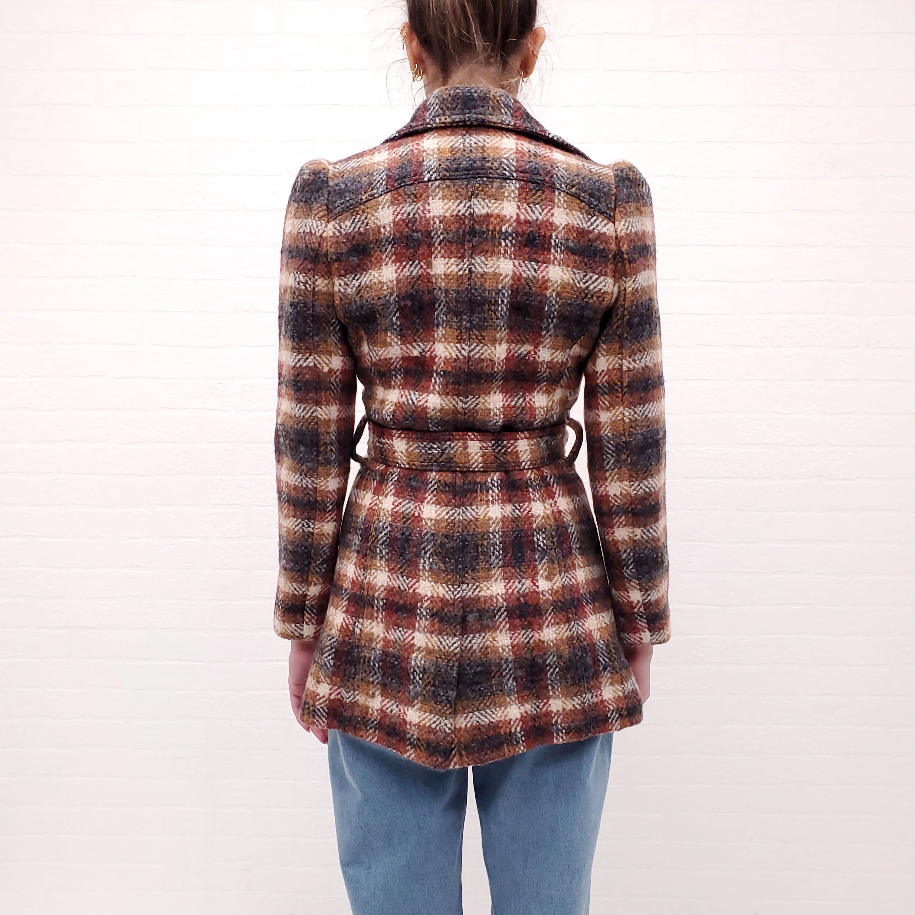 SMYTHE TERRACOTTA PLAID COAT WITH LEATHER BELT - SIZE 6