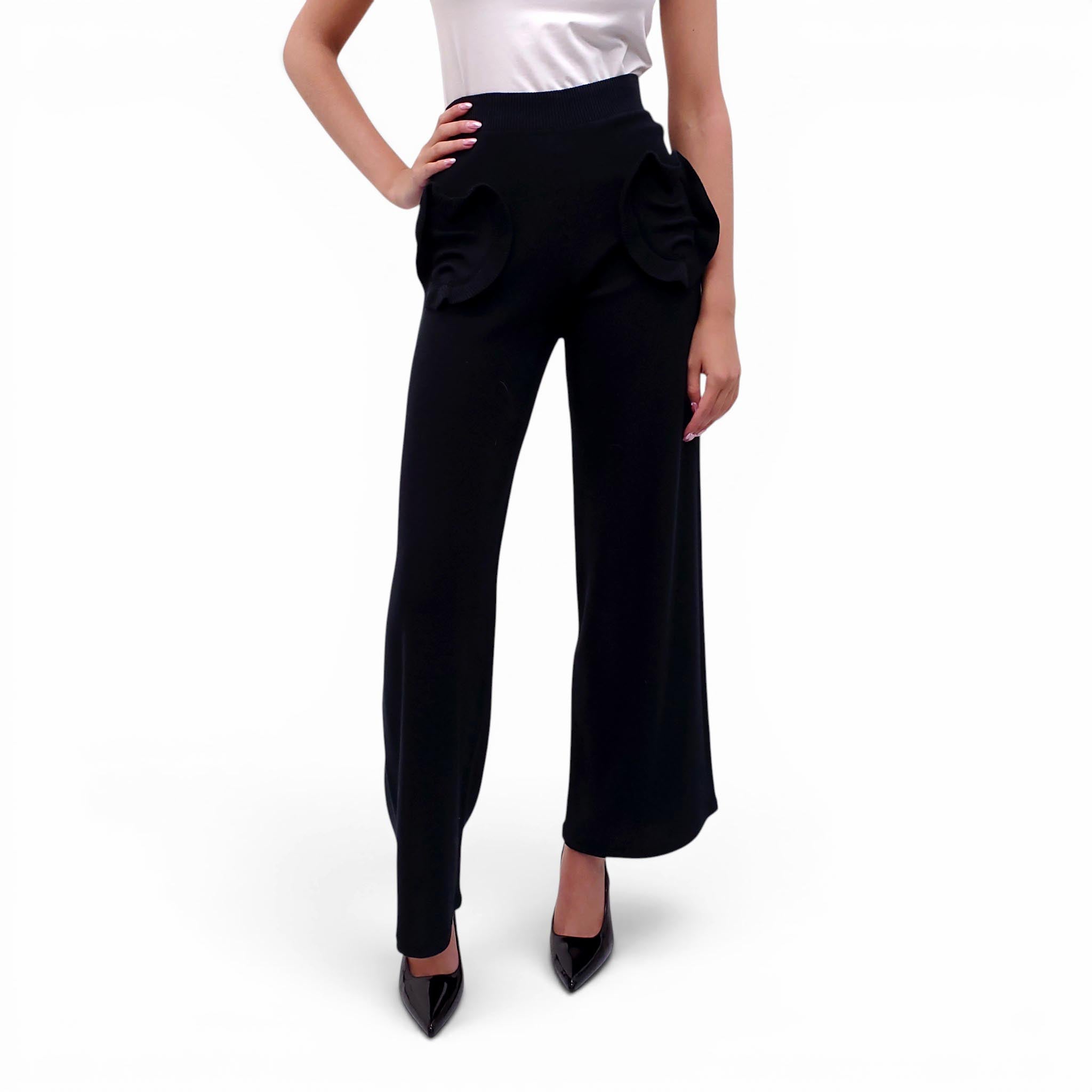 SONIA RYKIEL BLACK KNIT PANTS WITH ROSETTE DETAILS - SIZE S