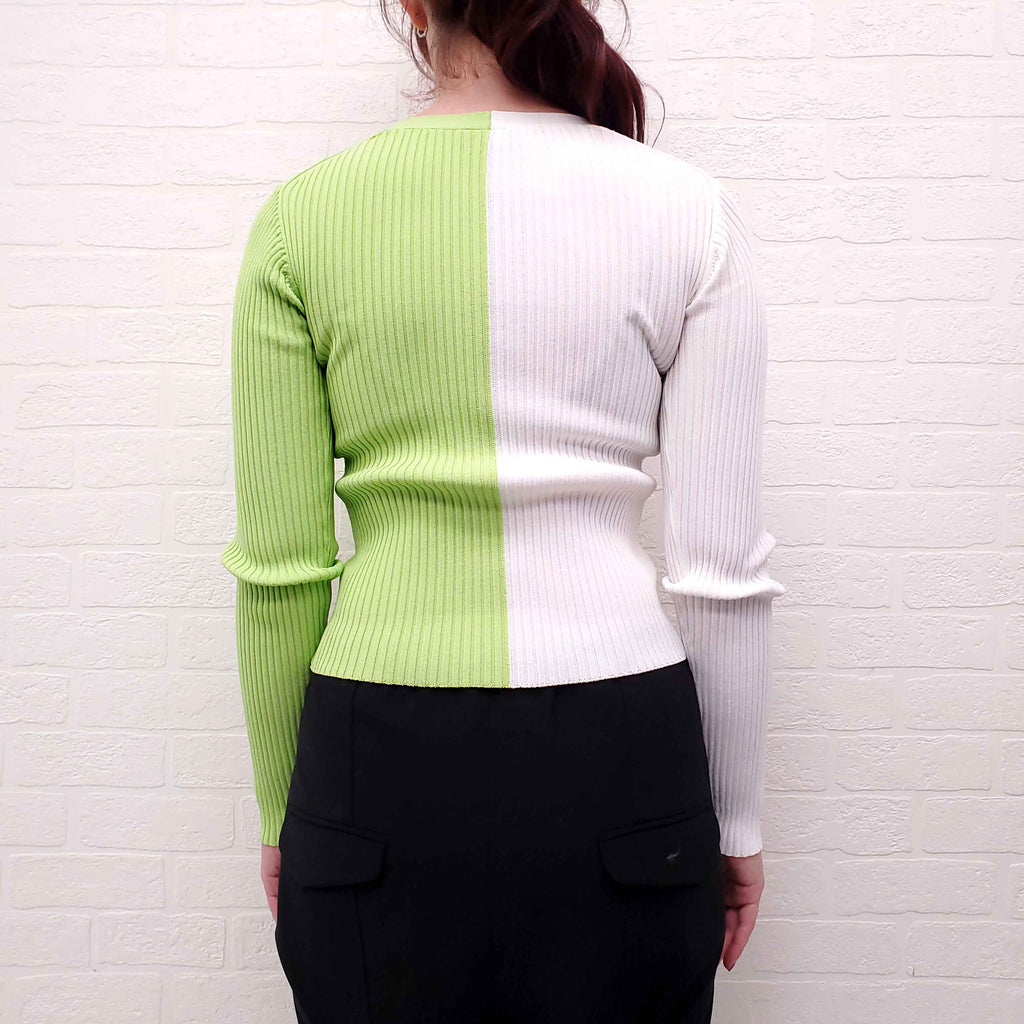 STAUD 2-TONE GREEN AND CREAM CARDIGAN - SIZE XS