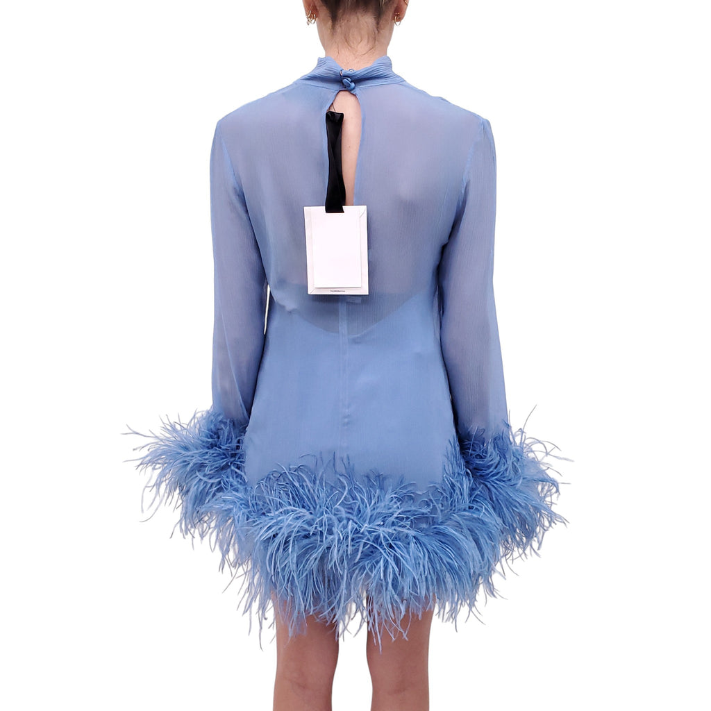 TALLER MARMO BLUE FEATHER-TRIMMED MINI DRESS - SIZE 40