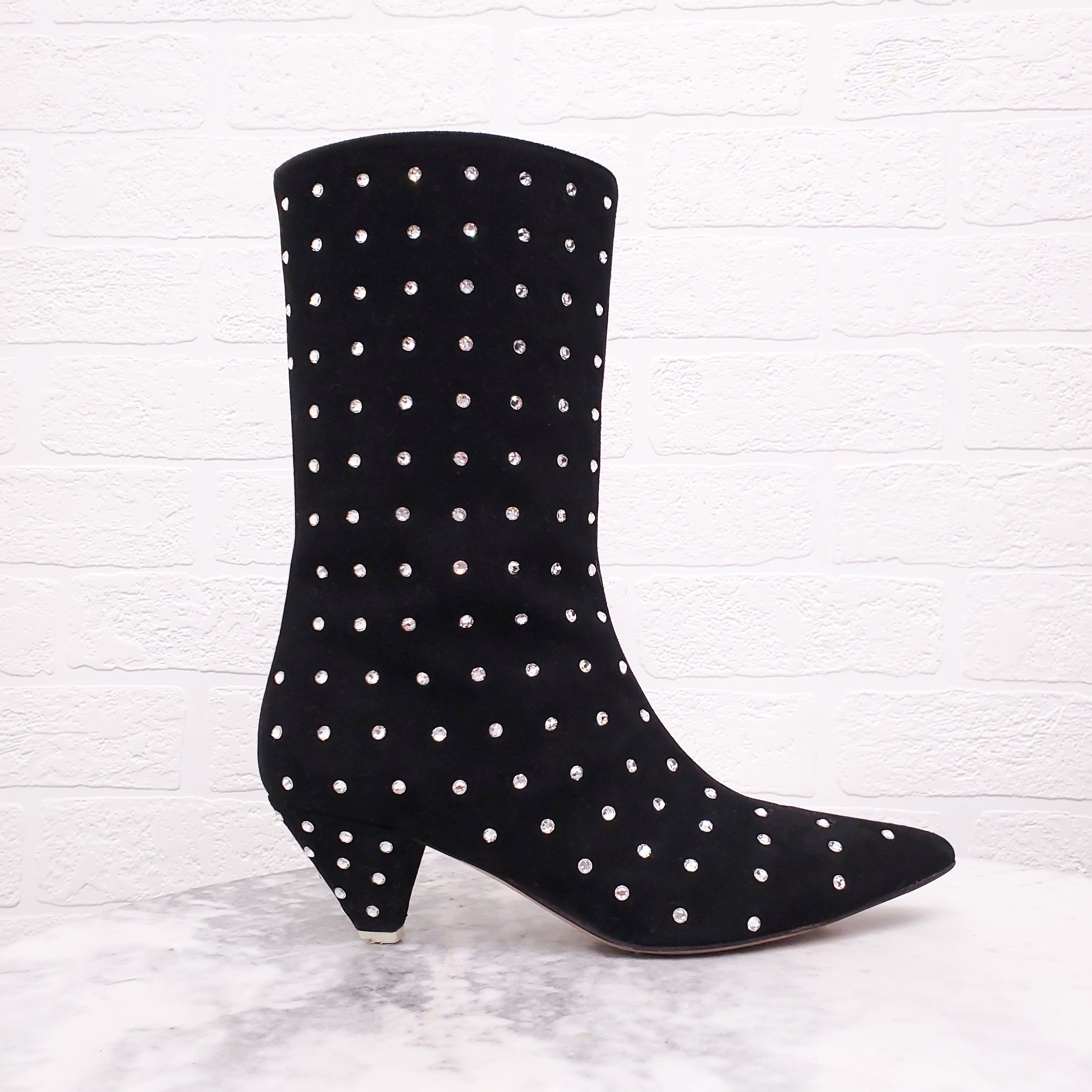 THE ATTICO BLACK SUEDE SWAROVSKI EMBELLISHED 'SOFIA' BOOTIES - SIZE 37