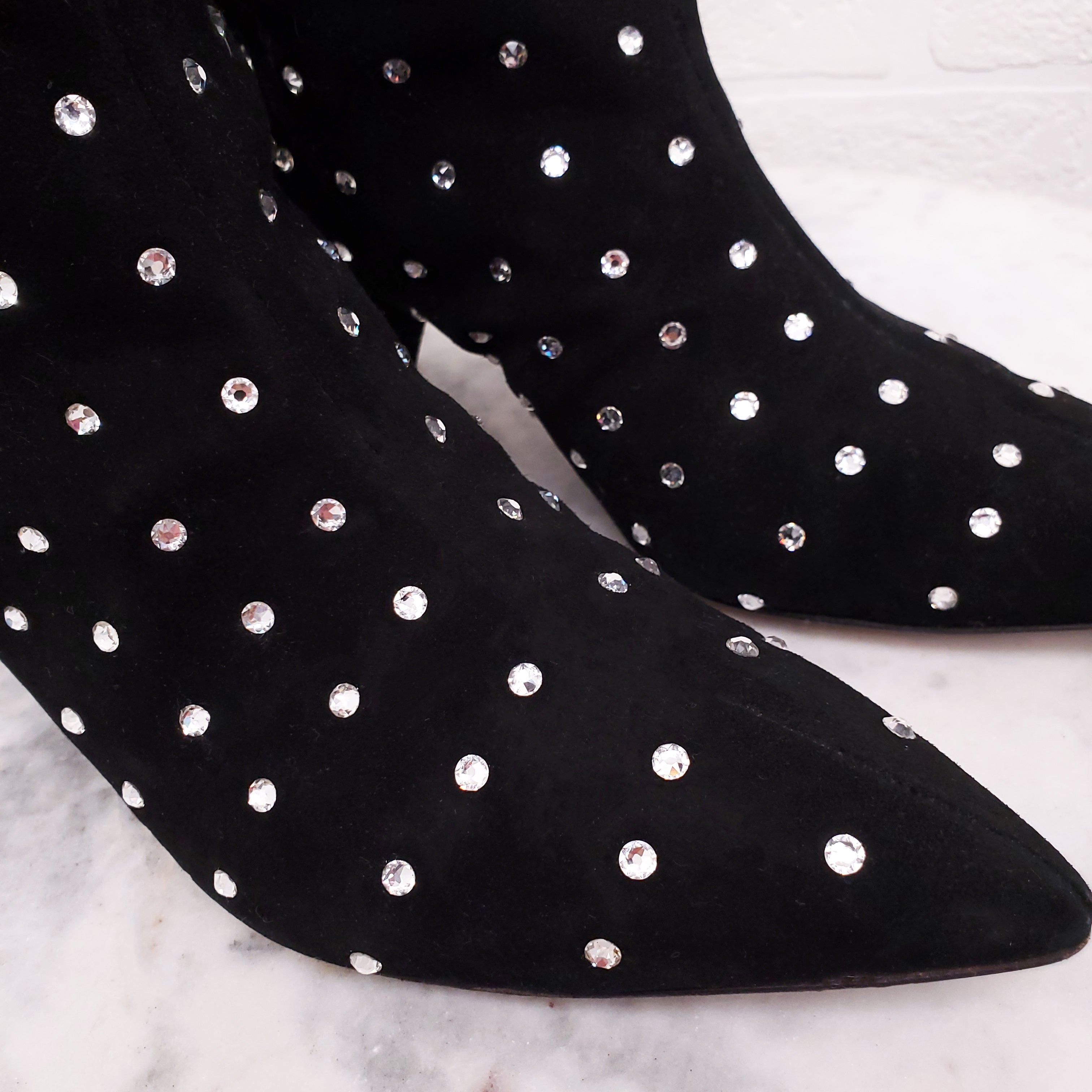 THE ATTICO BLACK SUEDE SWAROVSKI EMBELLISHED 'SOFIA' BOOTIES - SIZE 37
