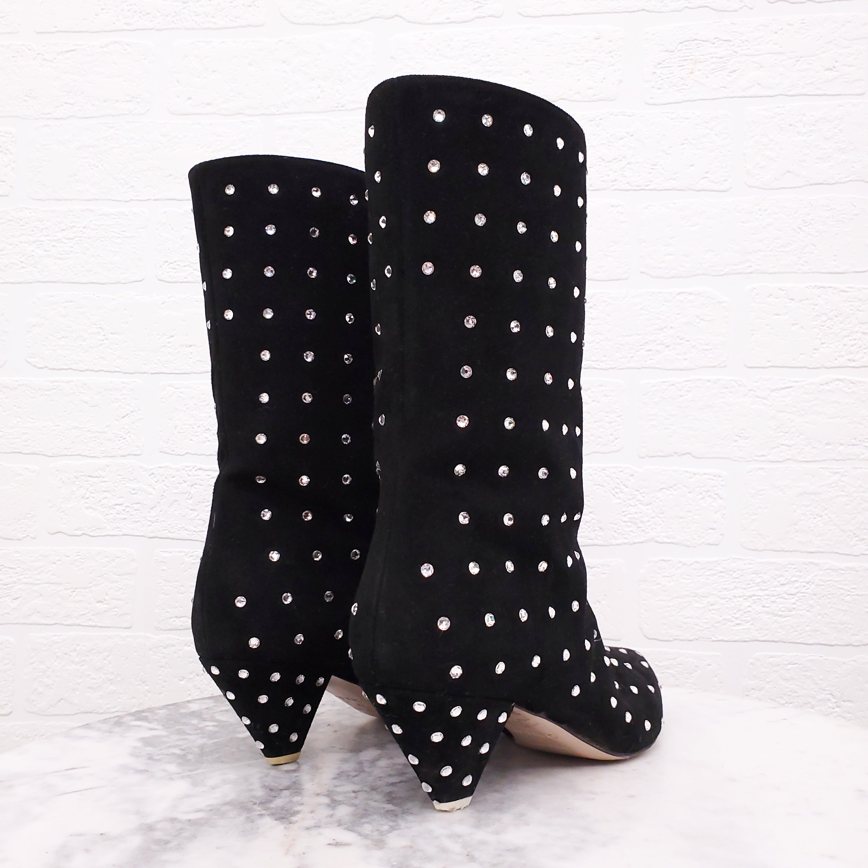 THE ATTICO BLACK SUEDE SWAROVSKI EMBELLISHED 'SOFIA' BOOTIES - SIZE 37