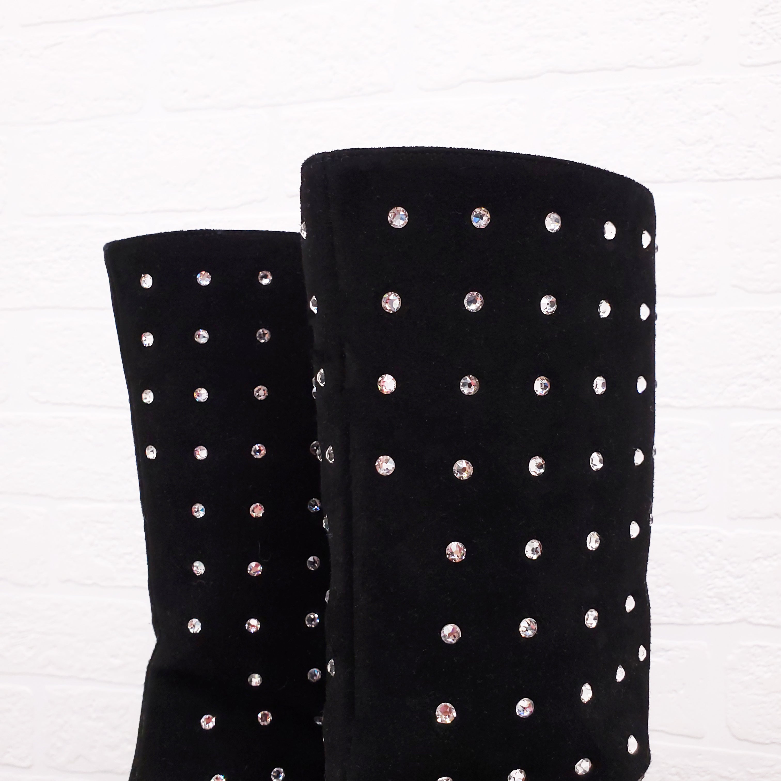 THE ATTICO BLACK SUEDE SWAROVSKI EMBELLISHED 'SOFIA' BOOTIES - SIZE 37