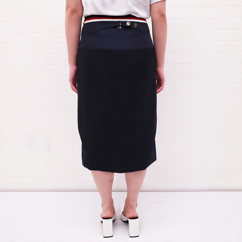 THOM BROWNE NAVY PENCIL SKIRT WITH STRIPES AND GOLD BUTTONS - SIZE 42