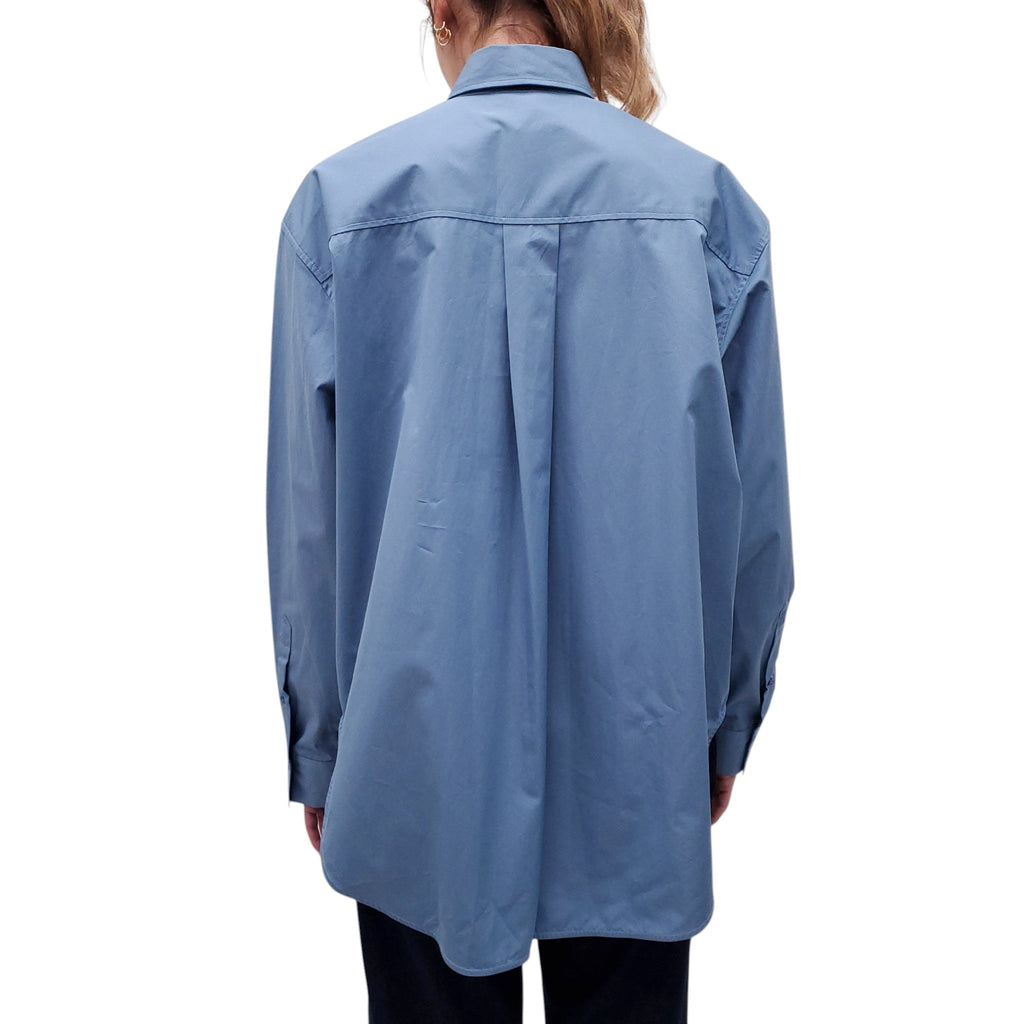 TOTEME OVERSIZED BLUE BUTTON UP BLOUSE WITH LOGO ON SLEEVE - SIZE 36