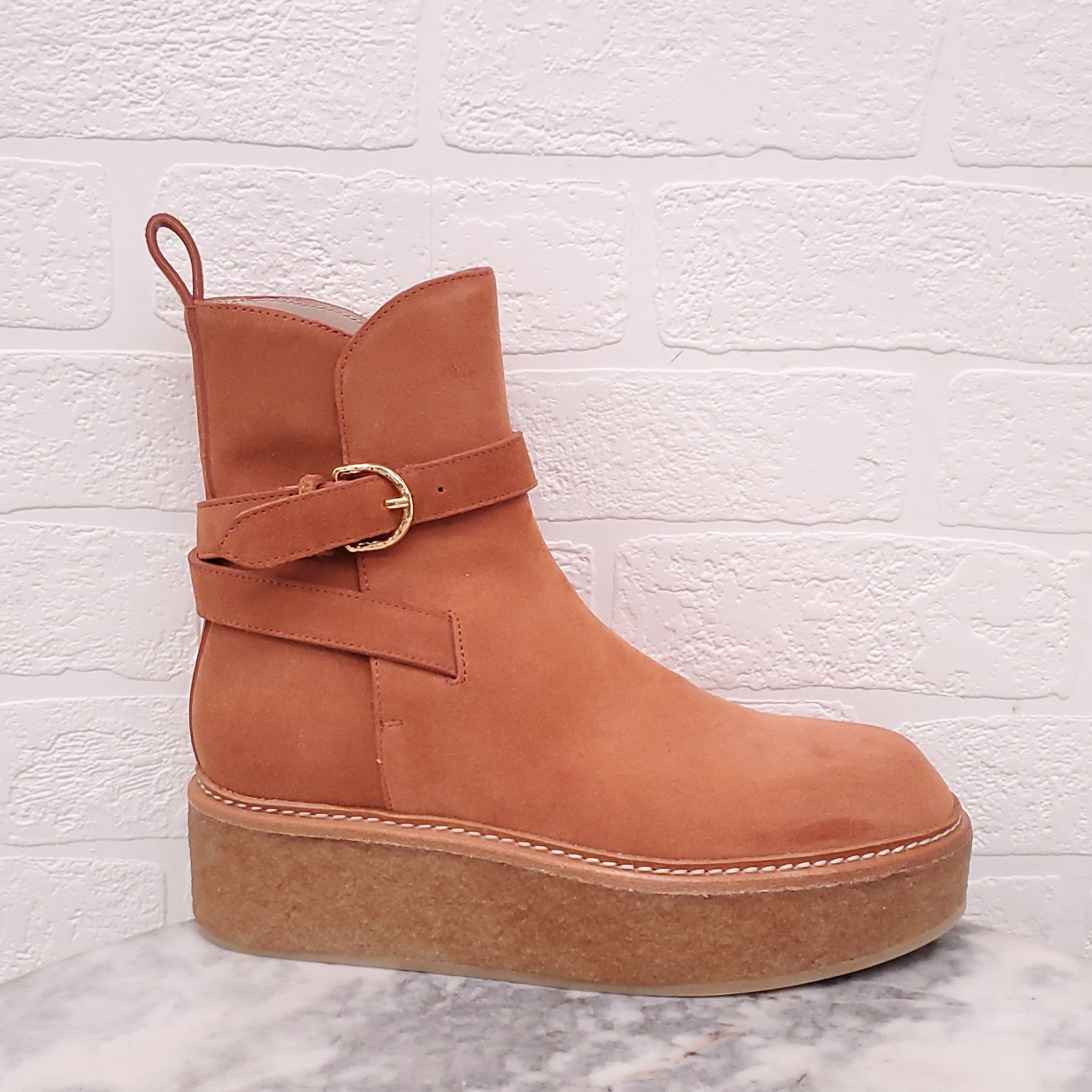 ULLA JOHNSON BURNT ORANGE SUEDE PLATFORM BOOTS WITH BUCKLE - SIZE 37