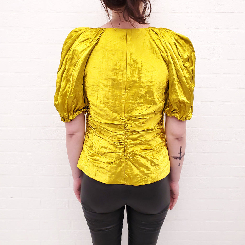 ULLA JOHNSON CHARTREUSE CRINKLE BLOUSE - SIZE 6