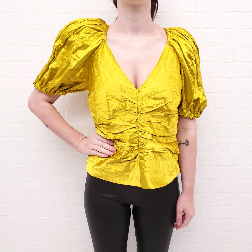 ULLA JOHNSON CHARTREUSE CRINKLE BLOUSE - SIZE 6