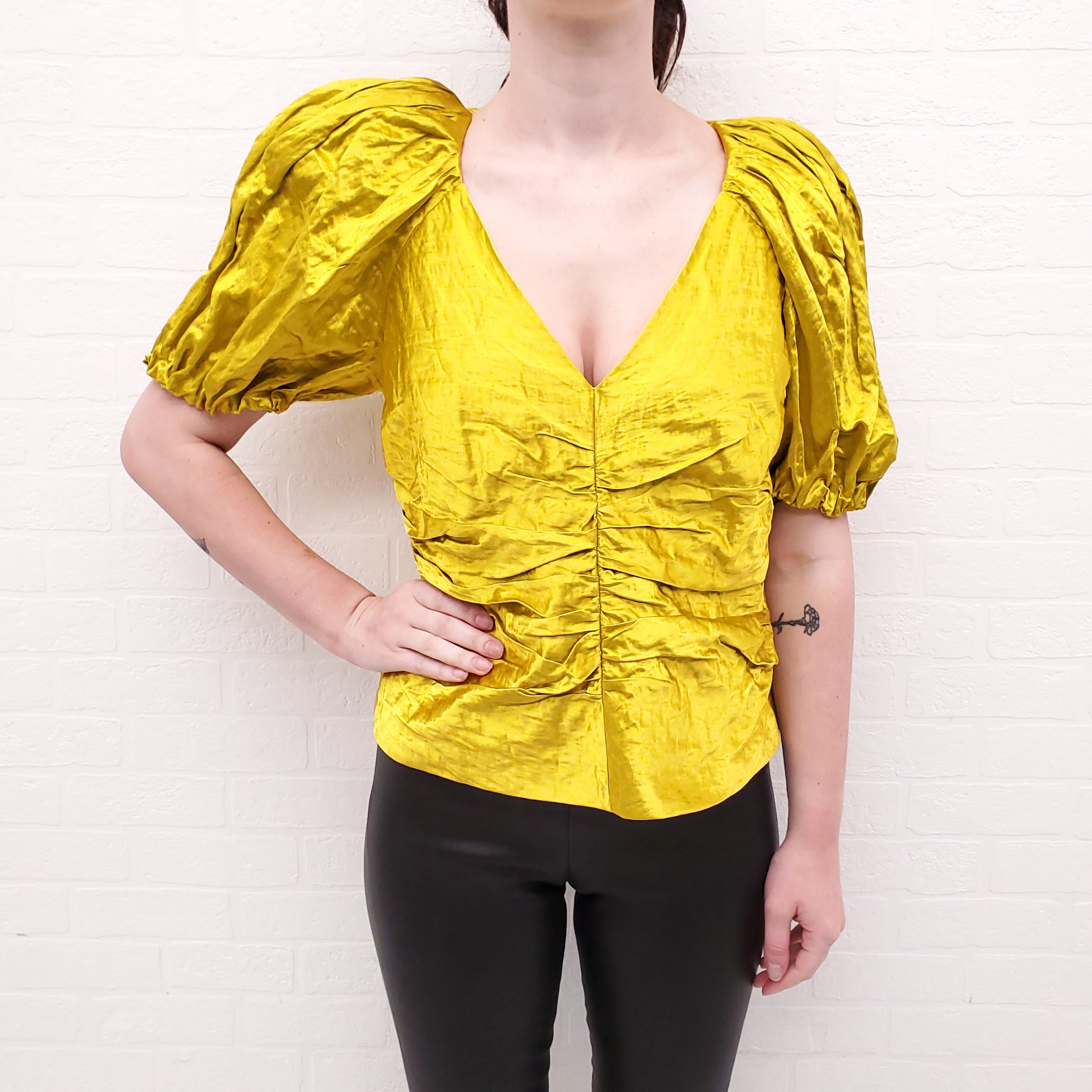 ULLA JOHNSON CHARTREUSE CRINKLE BLOUSE - SIZE 6