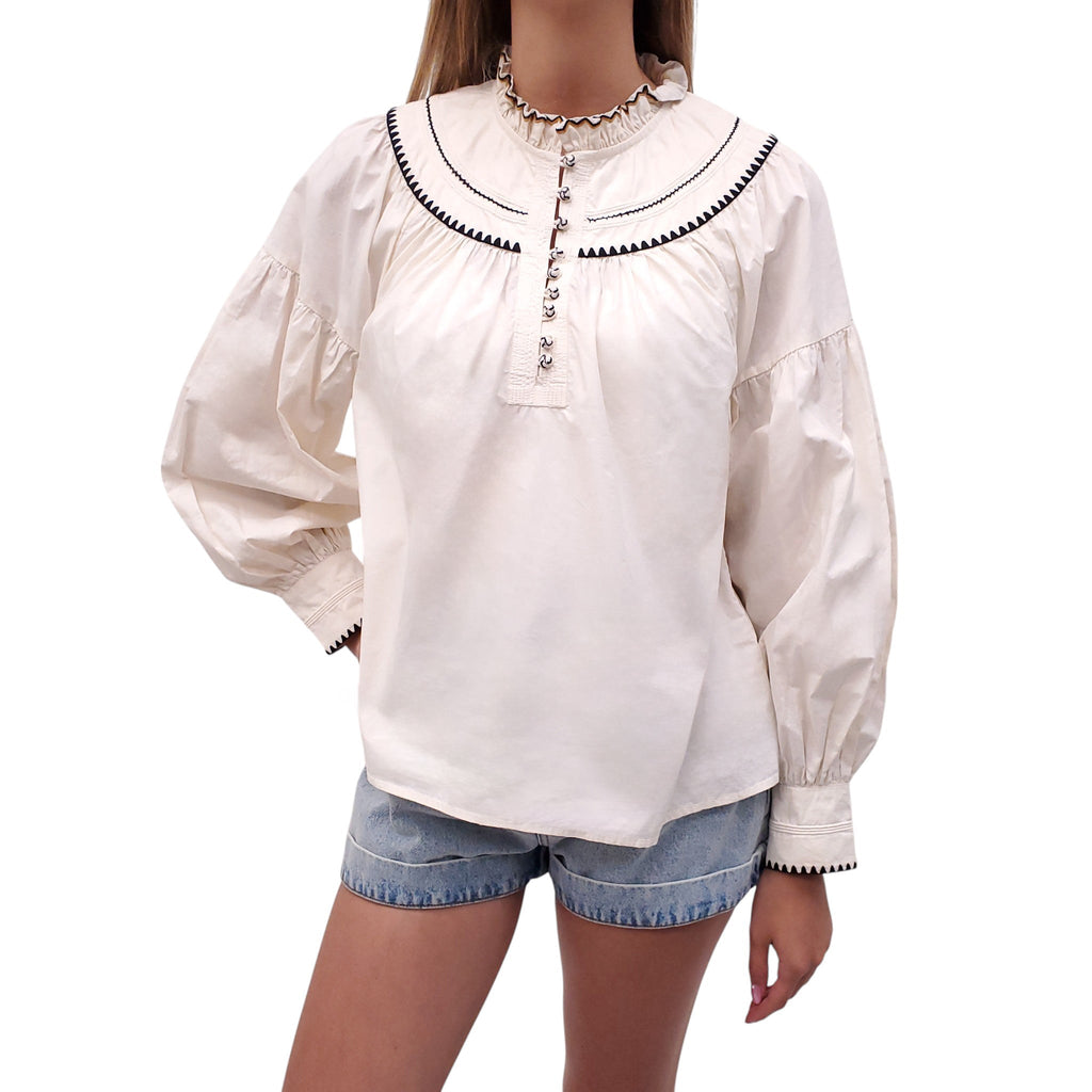 ULLA JOHNSON CREAM 'LENNIE' GATHERED EMBROIDERED POPLIN BLOUSE - SIZE 8