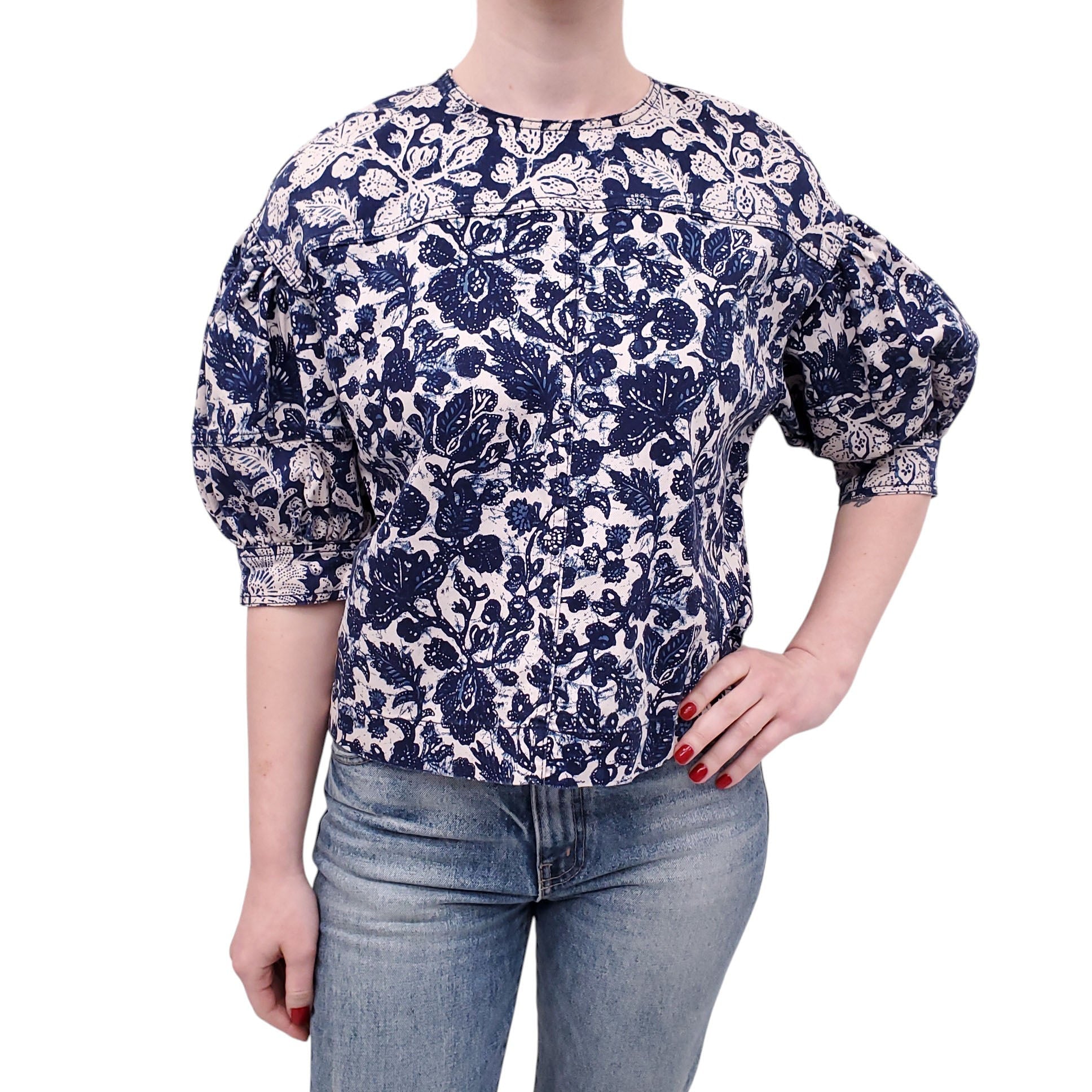 ULLA JOHNSON DENIM PATTERNED BLOUSE - SIZE 4