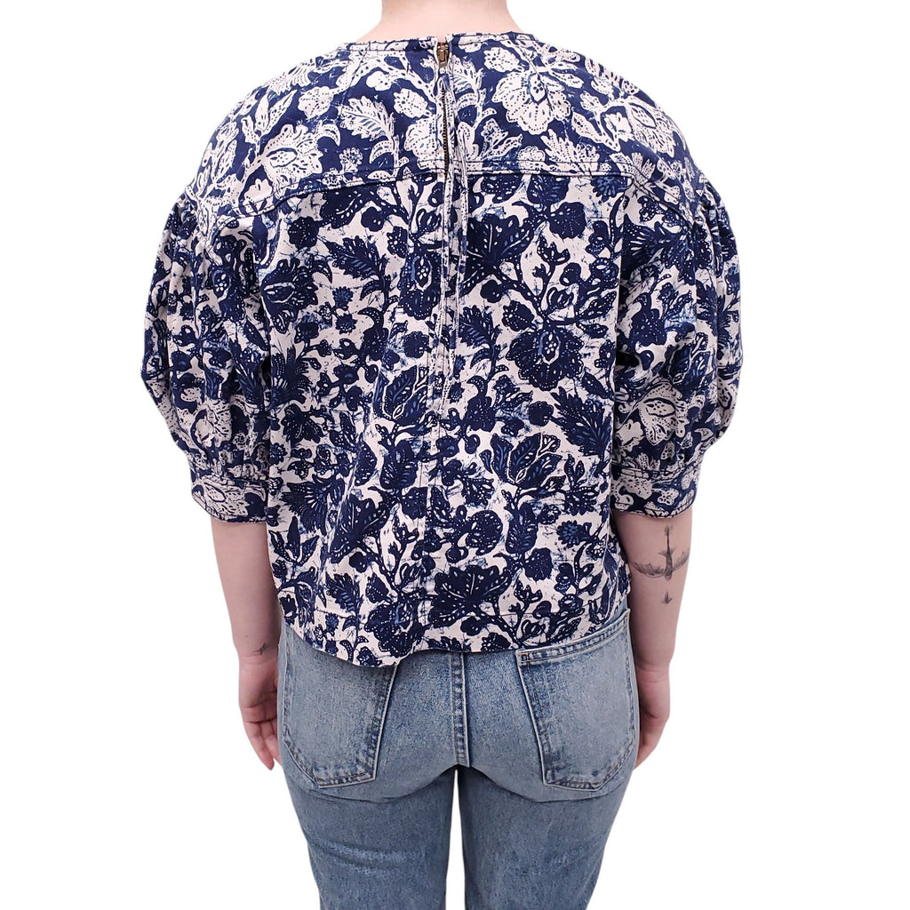 ULLA JOHNSON DENIM PATTERNED BLOUSE - SIZE 4