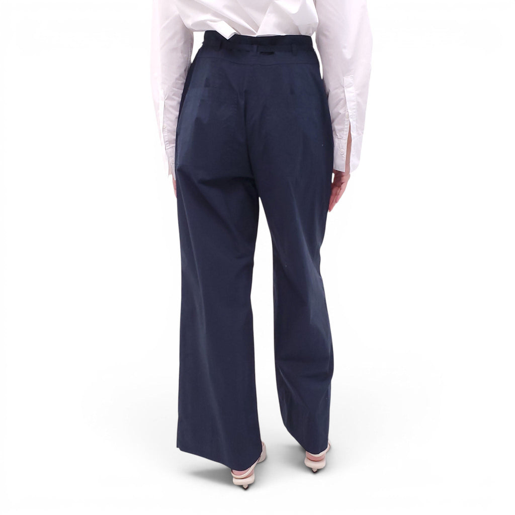 ULLA JOHNSON NAVY PLEATED TROUSERS WITH BUTTON-UP DETAIL - SIZE 6