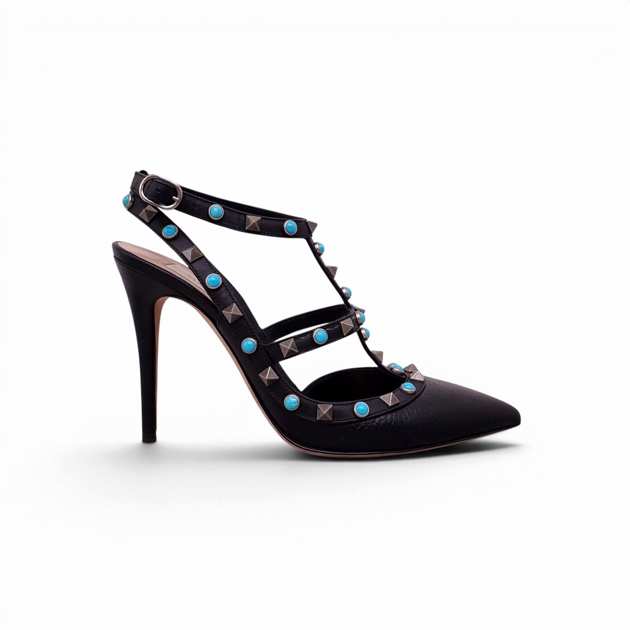 VALENTINO BLACK ROCKSTUD HEELS WITH TURQUOISE DETAIL - SIZE 38