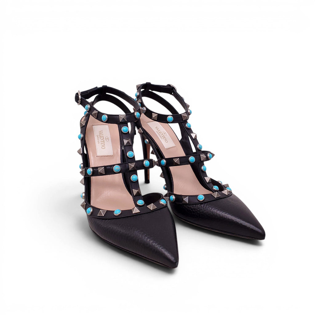 VALENTINO BLACK ROCKSTUD HEELS WITH TURQUOISE DETAIL - SIZE 38