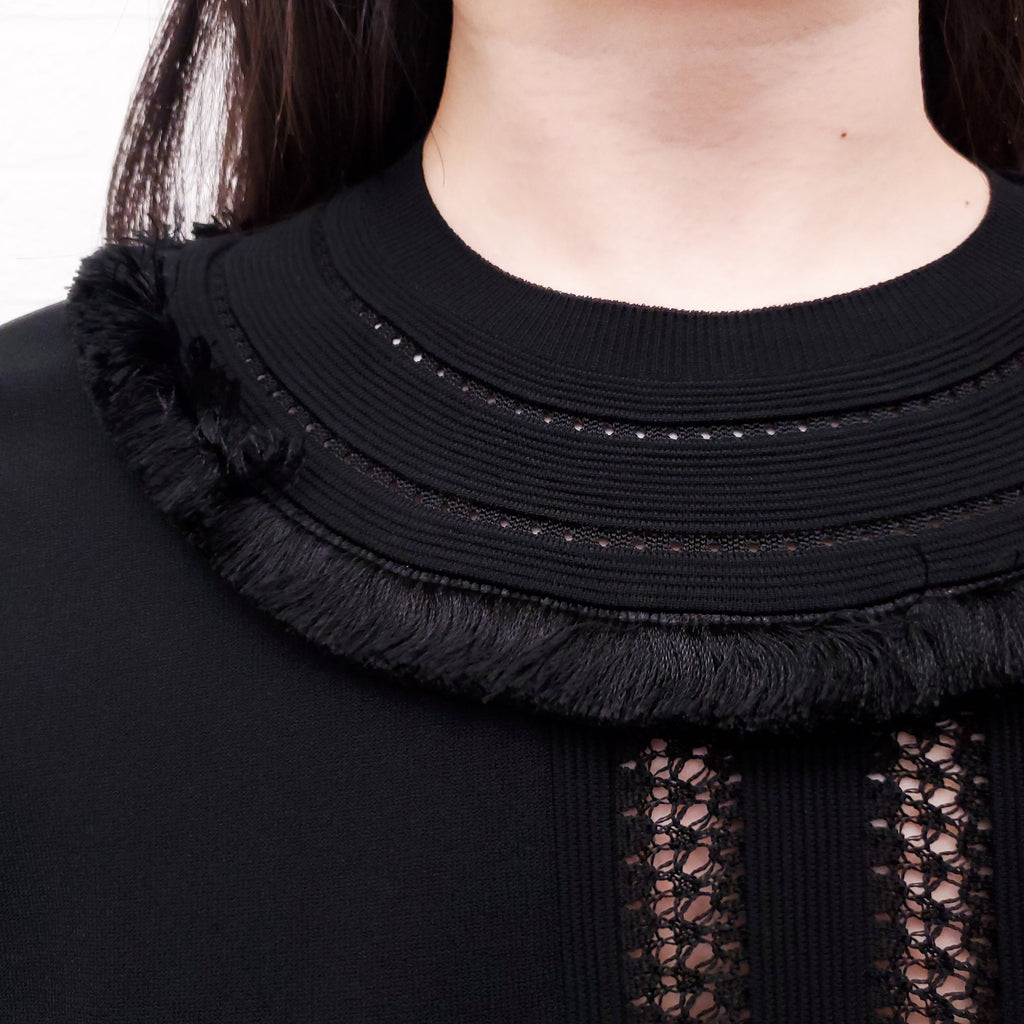 VALENTINO BLACK SHORT SLEEVE SWEATER WITH LACE AND FRINGE DETAIL - SIZE XS