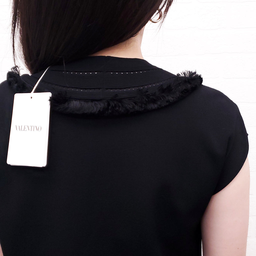VALENTINO BLACK SHORT SLEEVE SWEATER WITH LACE AND FRINGE DETAIL - SIZE XS