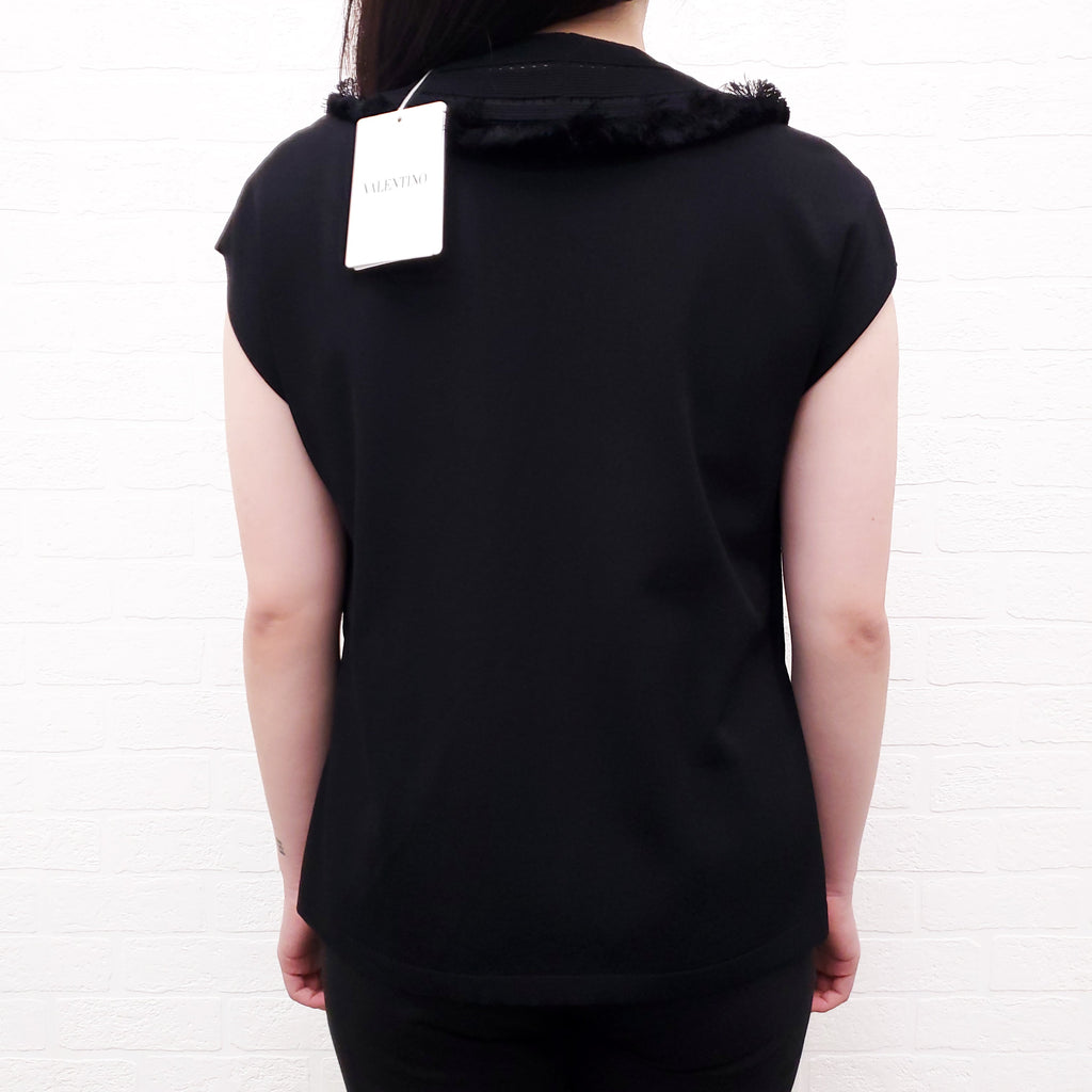 VALENTINO BLACK SHORT SLEEVE SWEATER WITH LACE AND FRINGE DETAIL - SIZE XS