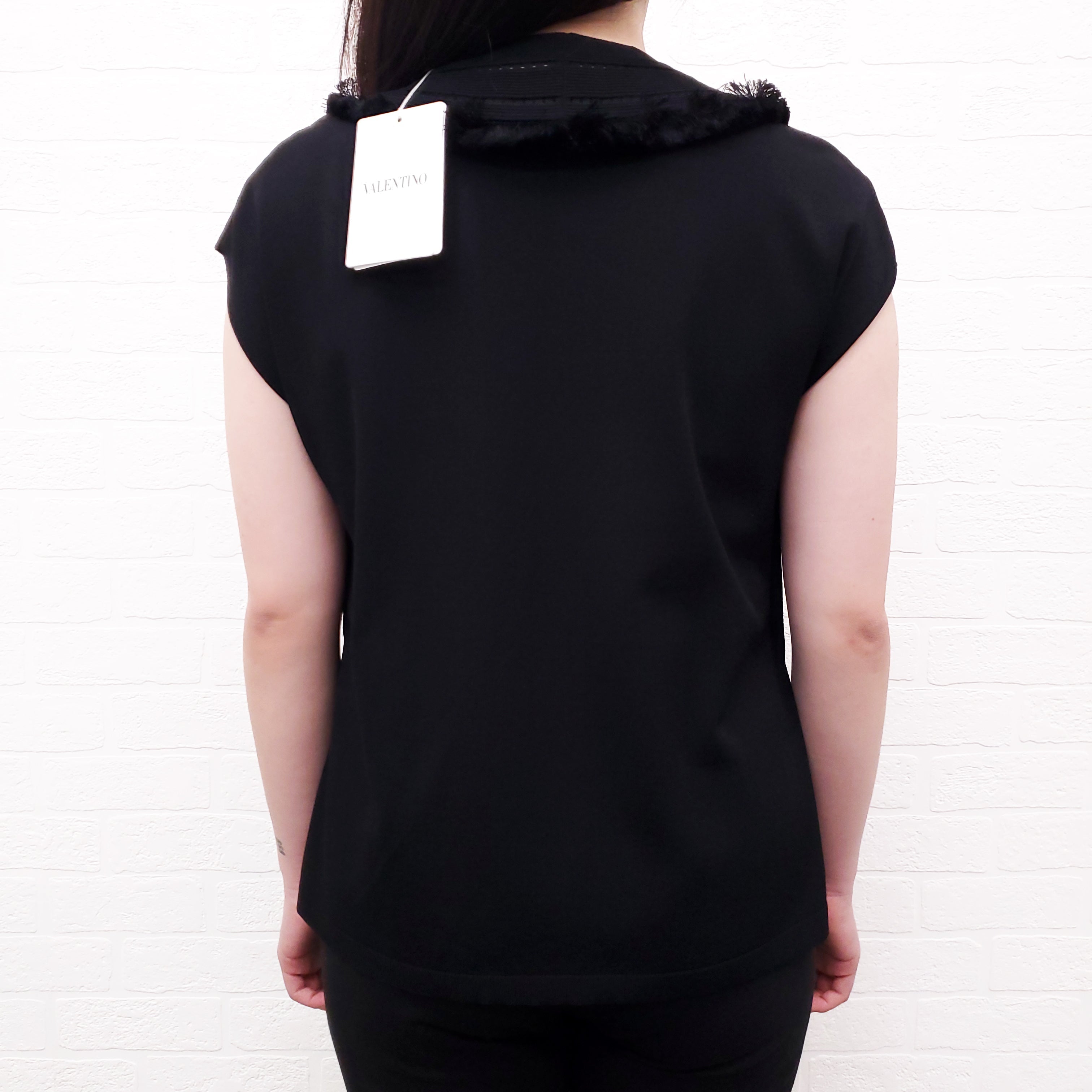 VALENTINO BLACK SHORT SLEEVE SWEATER WITH LACE AND FRINGE DETAIL - SIZE XS