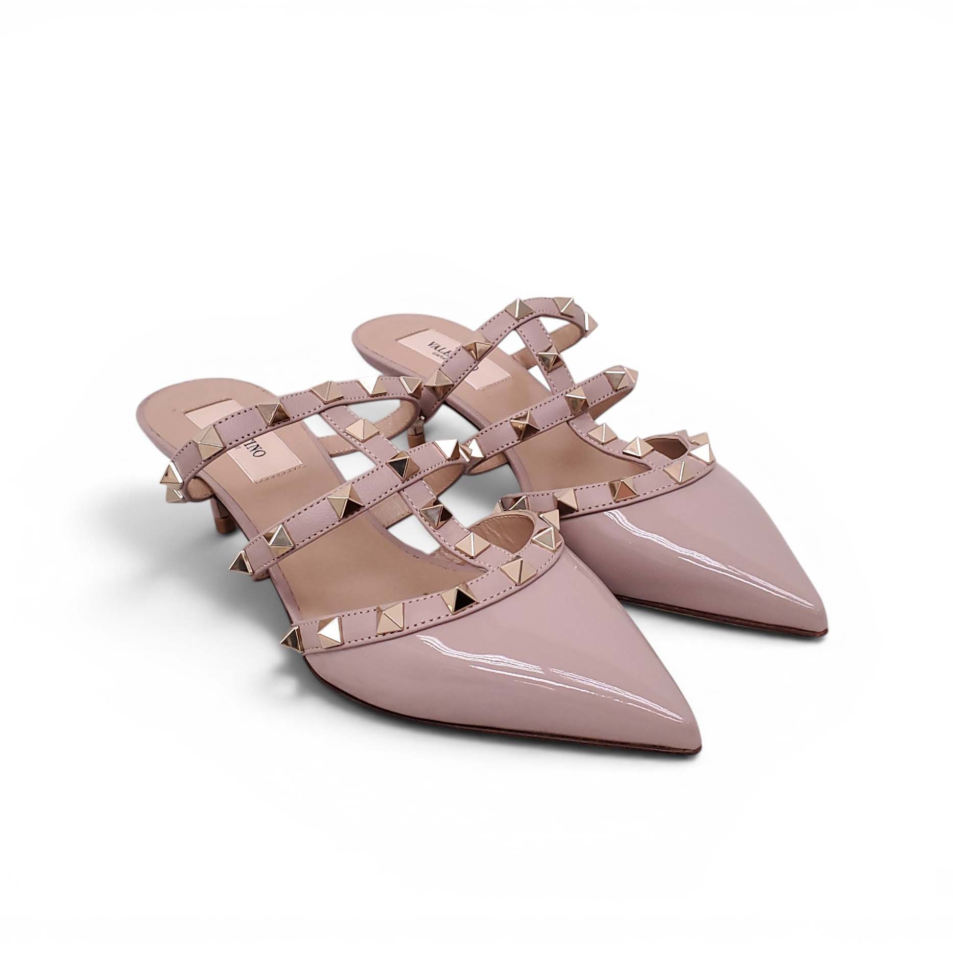 VALENTINO BLUSH PINK PATENT LEATHER ROCKSTUD MULES - SIZE 35
