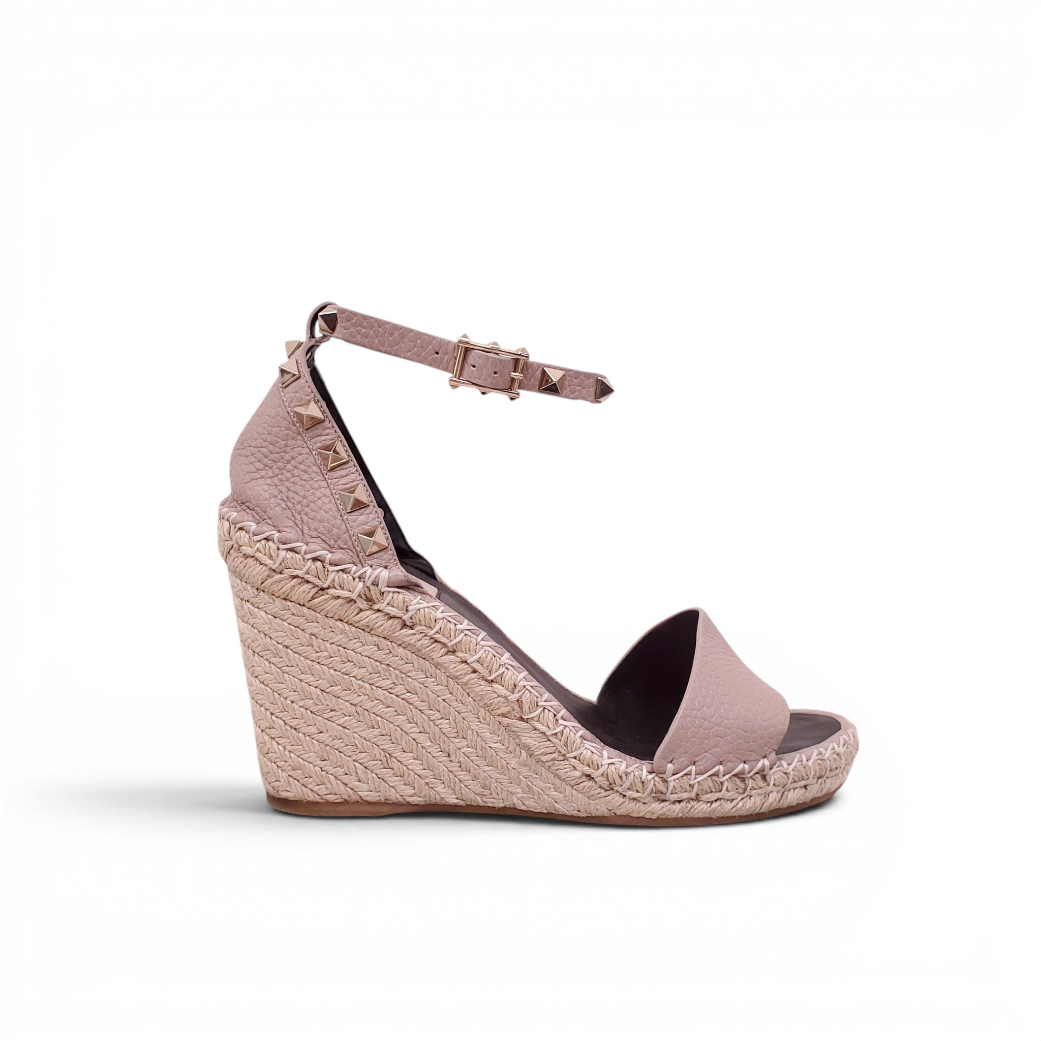 VALENTINO BLUSH PINK RAFFIA ROCKSTUD WEDGES - SIZE 39