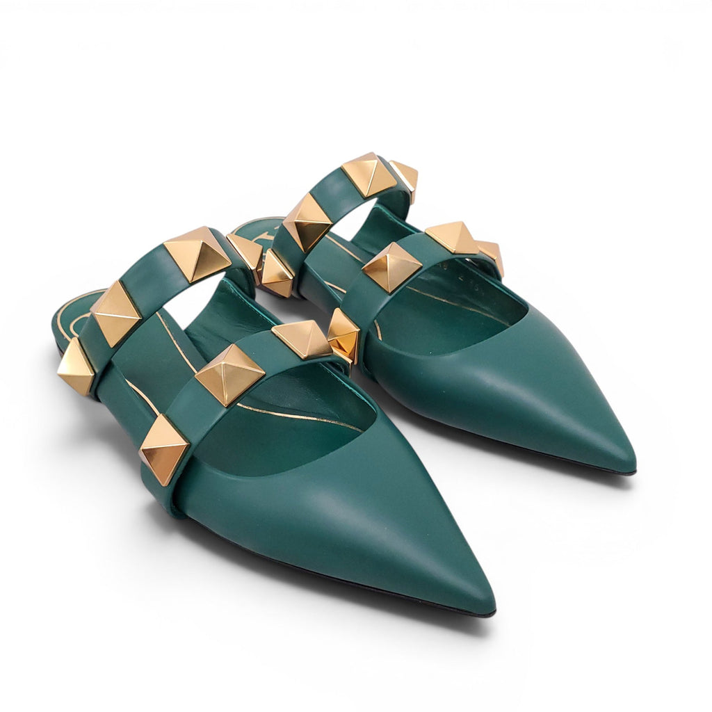 VALENTINO GREEN ROMAN ROCKSTUD FLATS - SIZE 35
