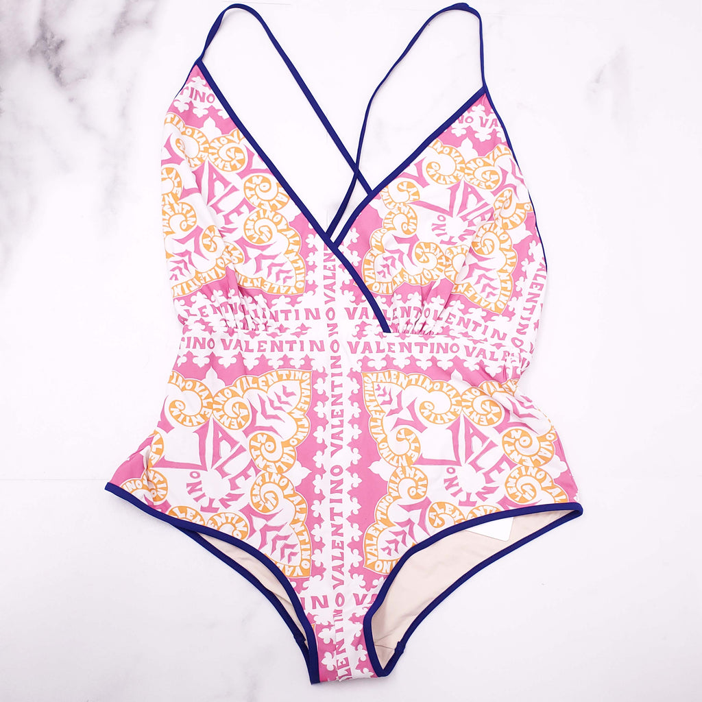 VALENTINO PINK AND ORANGE LOGO PATTERNED SWIMSUIT WITH PURPLE PIPING - SIZE L