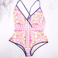 VALENTINO PINK AND ORANGE LOGO PATTERNED SWIMSUIT WITH PURPLE PIPING - SIZE L