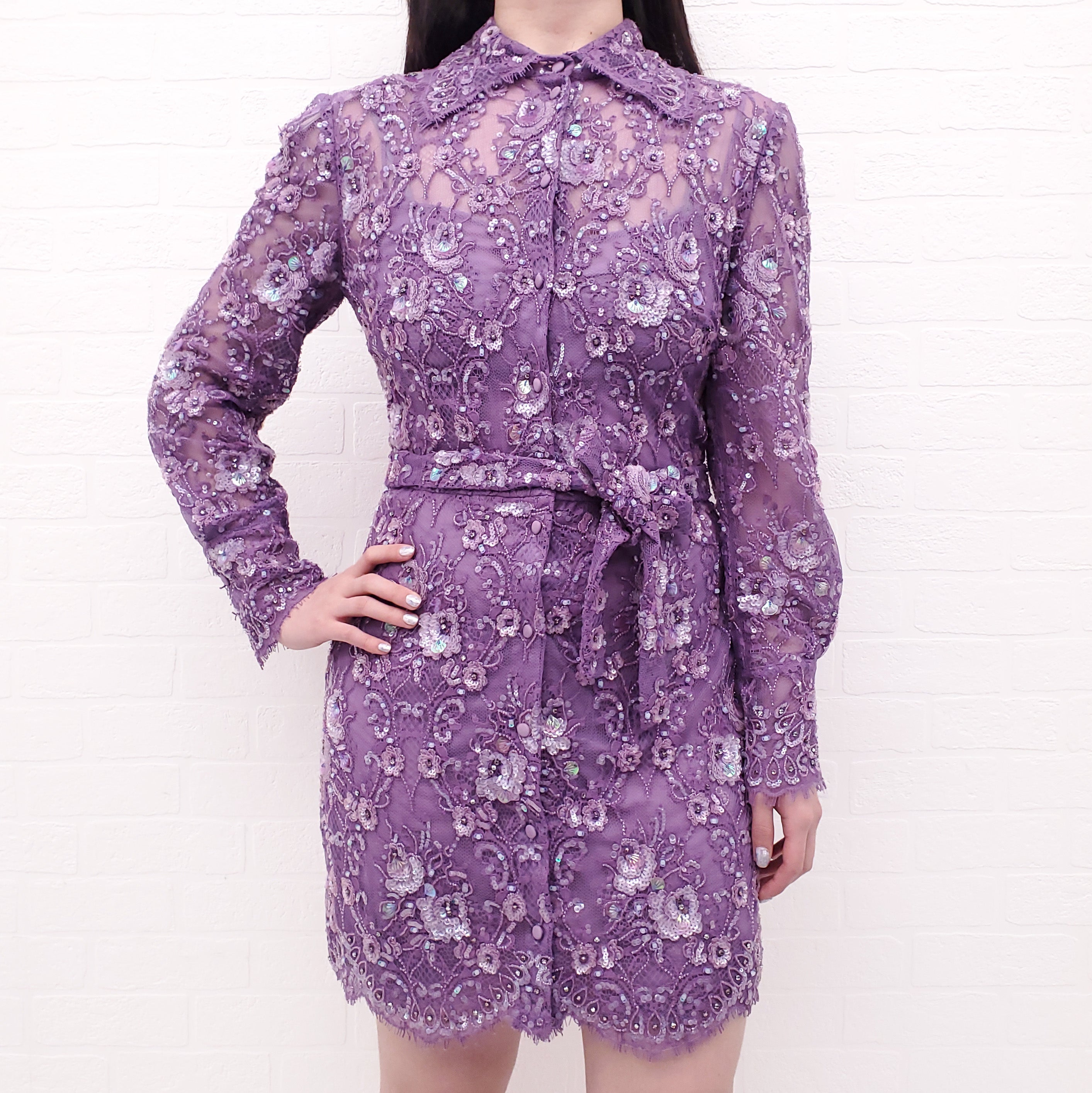 VALENTINO PURPLE LACE FLORAL EMBELLISHED MINI SHIRTDRESS - SIZE 42