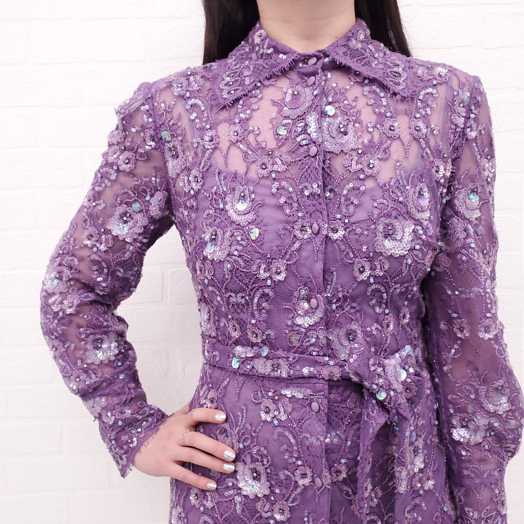 VALENTINO PURPLE LACE FLORAL EMBELLISHED MINI SHIRTDRESS - SIZE 42