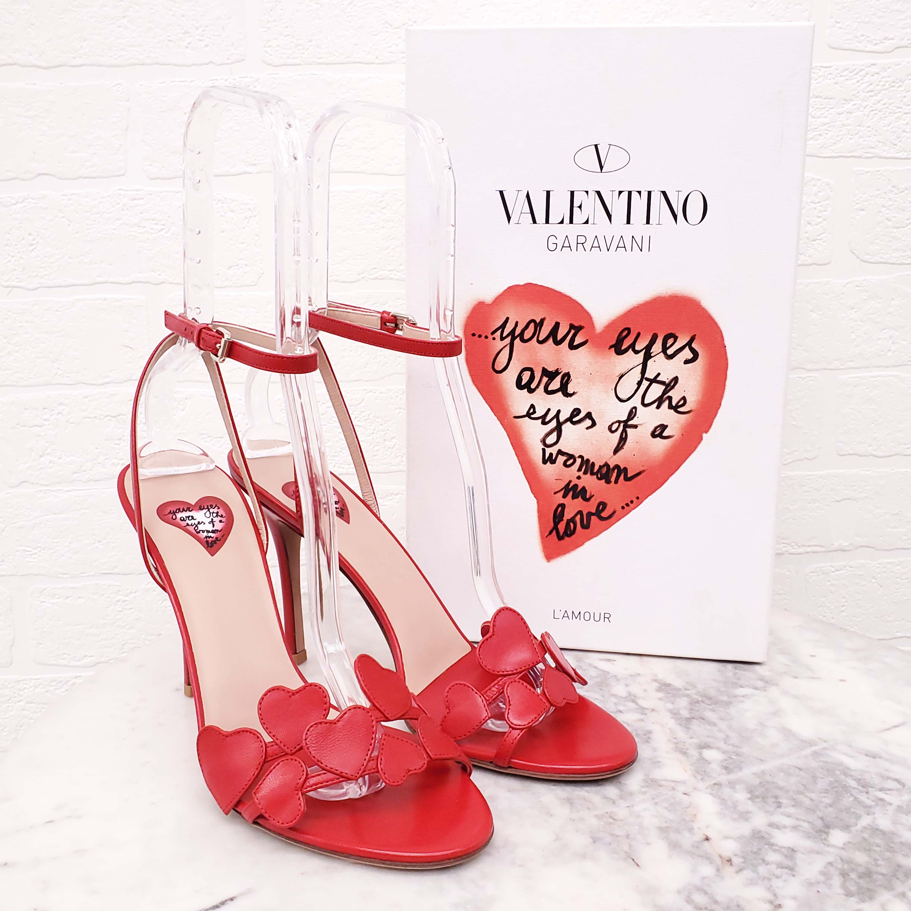 VALENTINO RED LEATHER HEART 'L’AMOUR' HEELS - SIZE 39