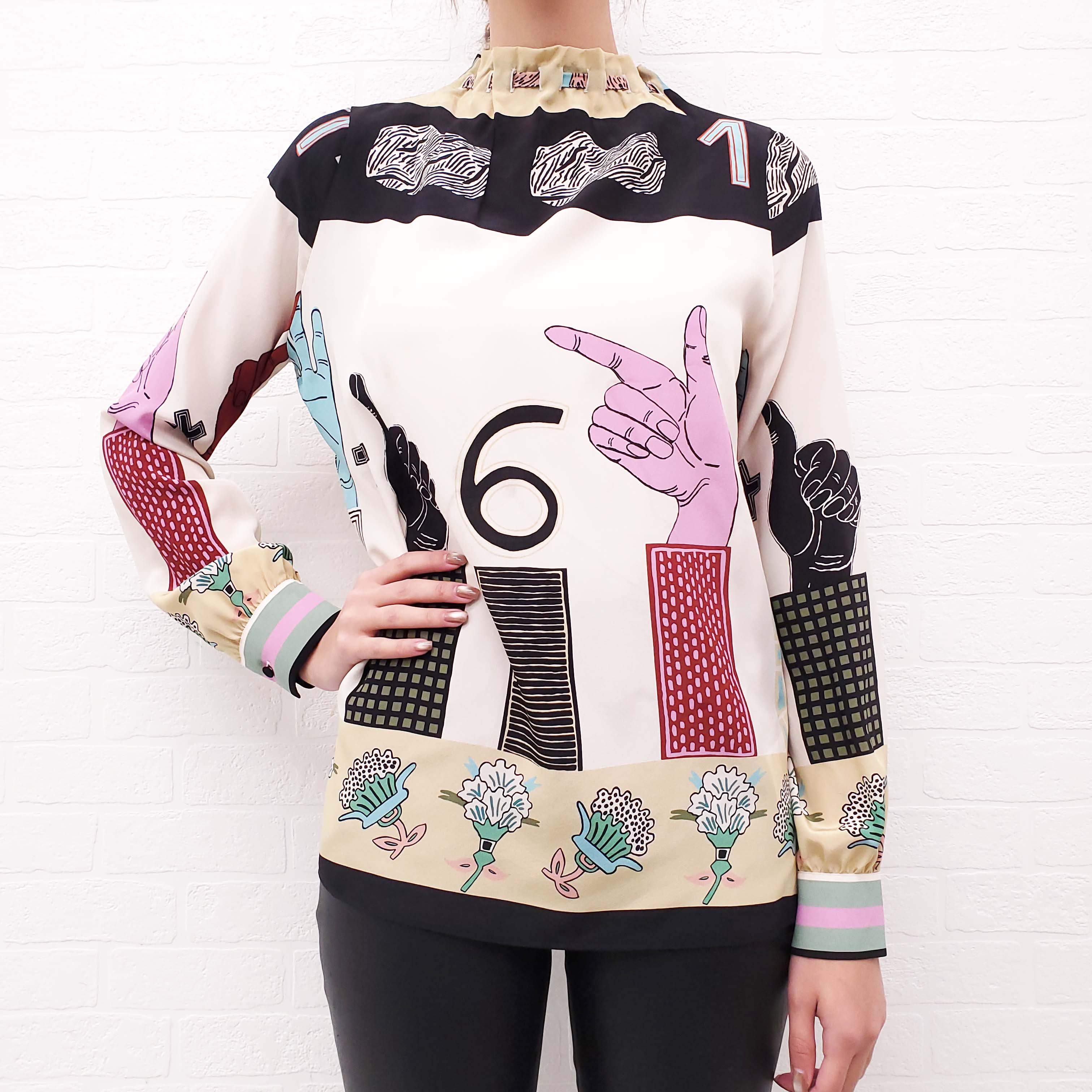VALENTINO SILK PRINTED BLOUSE WITH TIE DETAIL - SIZE 40