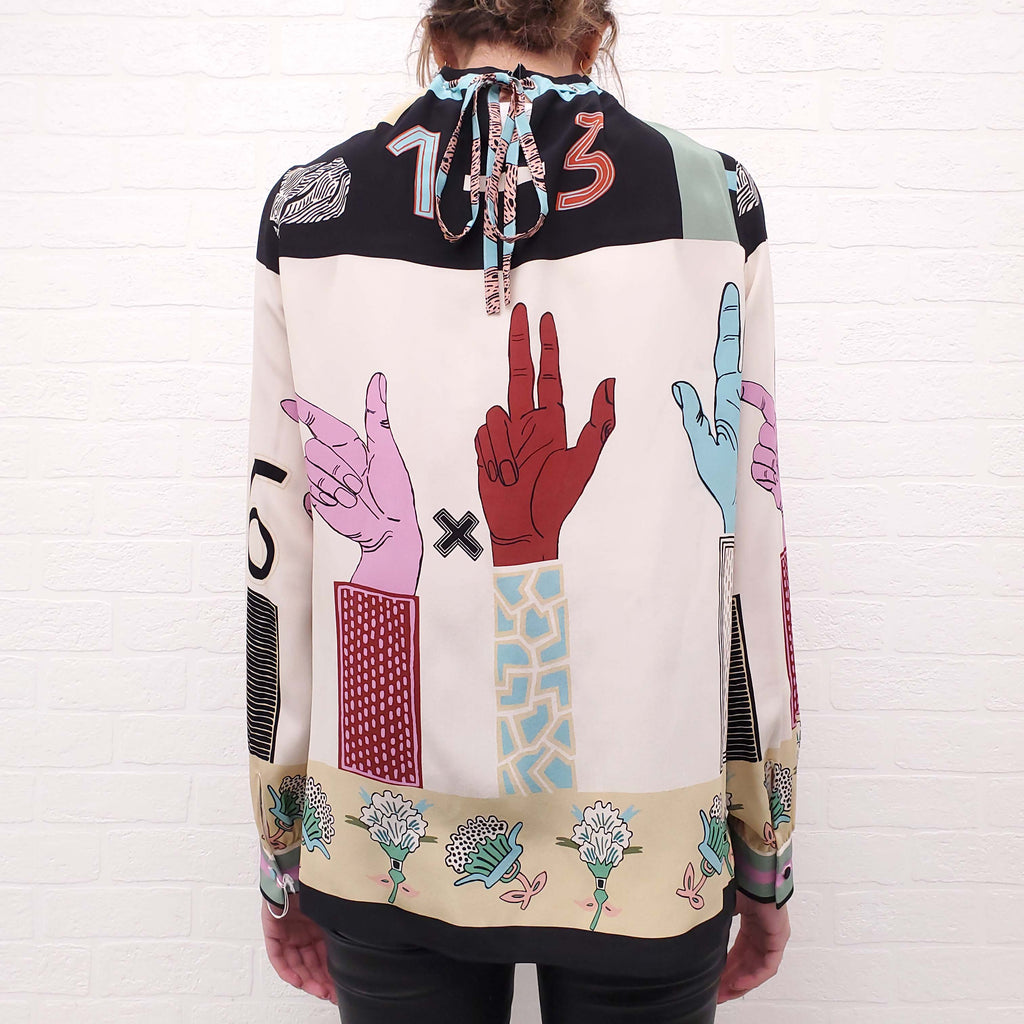 VALENTINO SILK PRINTED BLOUSE WITH TIE DETAIL - SIZE 40