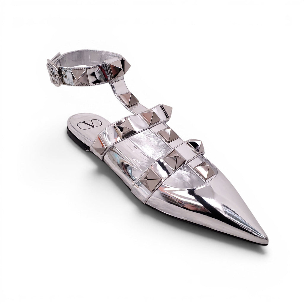 VALENTINO SILVER METALLIC ROMAN ROCKSTUD FLATS - SIZE 41
