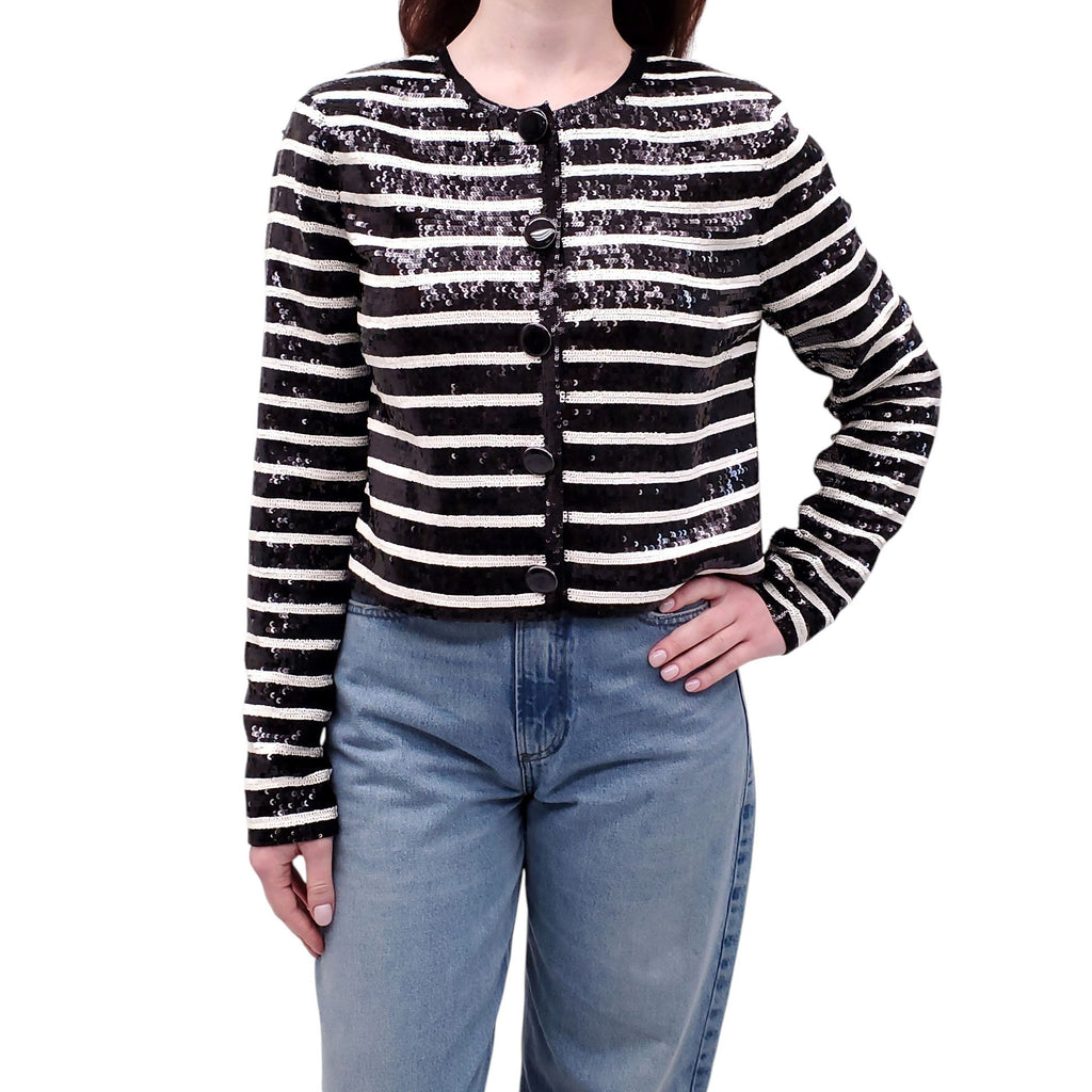 VERONICA BEARD BLACK AND WHITE STRIPED SEQUIN JACKET - SIZE 8