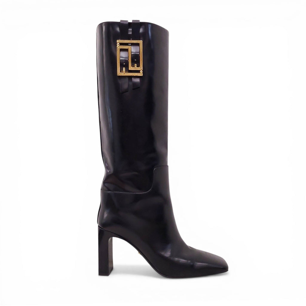 VERSACE BLACK LEATHER HEELED BOOTS - SIZE 39