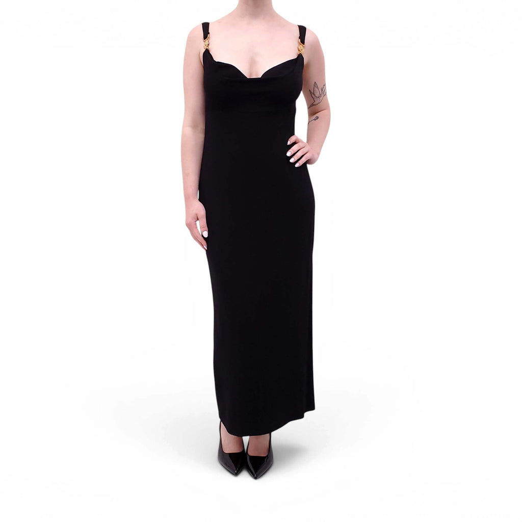 VERSACE BLACK MEDUSA COWL NECK MIDI DRESS - SIZE 44