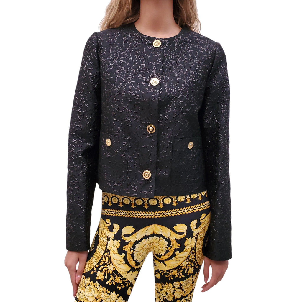VERSACE BLACK TEXTURED JACKET WITH GOLD LOGO BUTTONS - SIZE 44