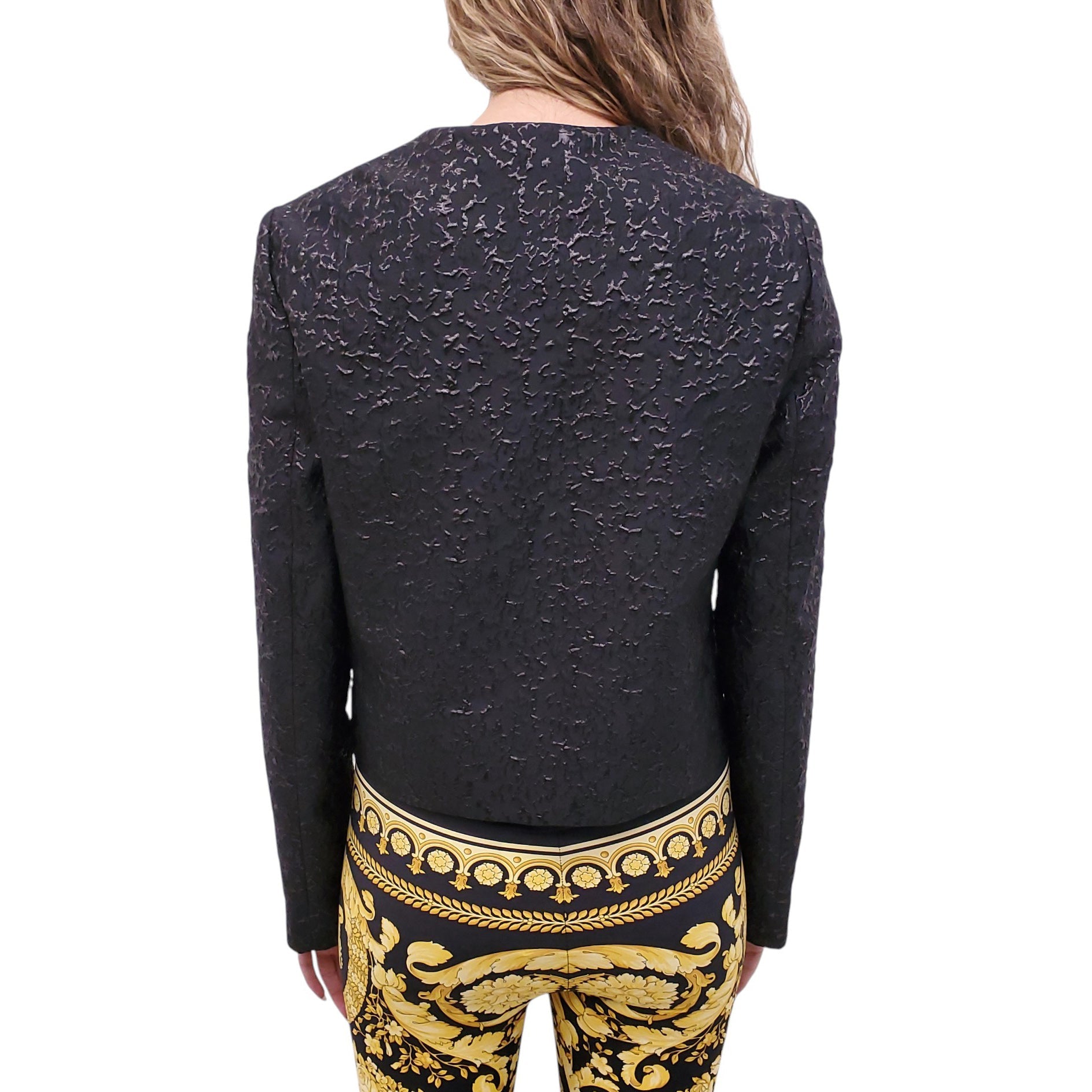 VERSACE BLACK TEXTURED JACKET WITH GOLD LOGO BUTTONS - SIZE 44