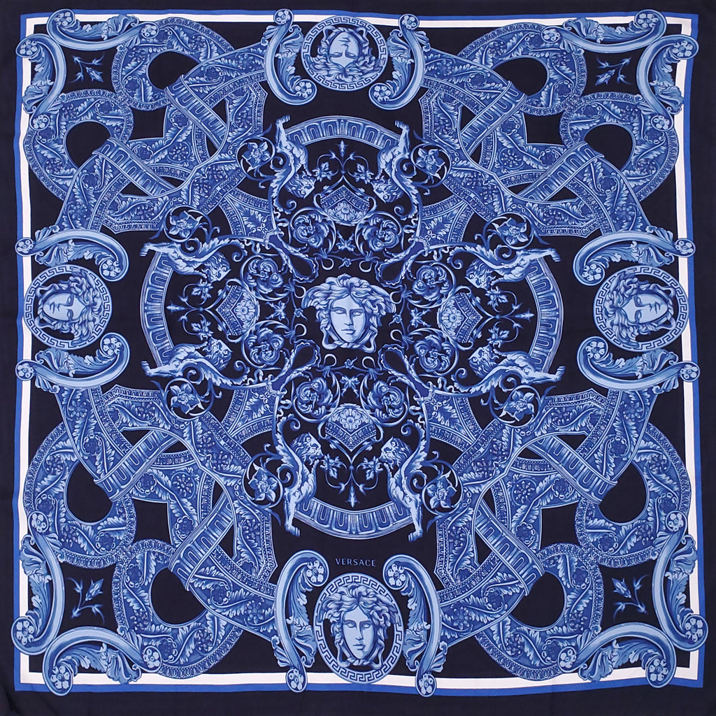 VERSACE NAVY MEDUSA PATTERNED SILK SCARF
