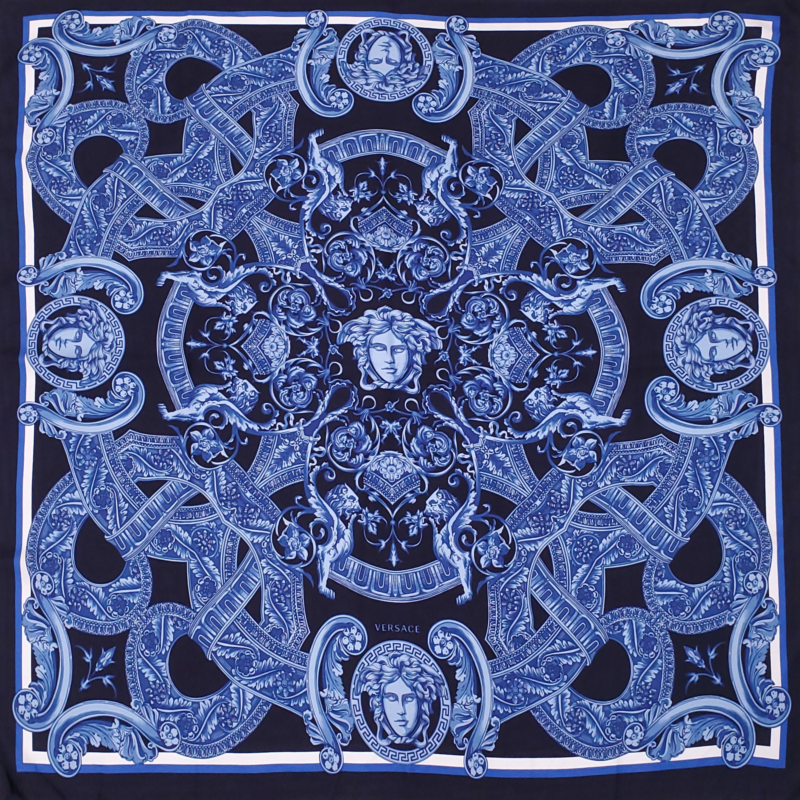 VERSACE NAVY MEDUSA PATTERNED SILK SCARF