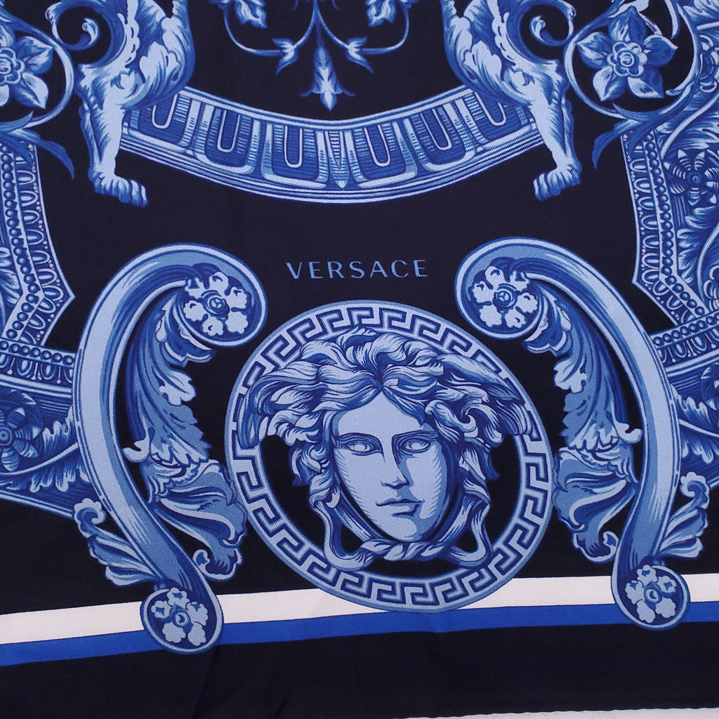 VERSACE NAVY MEDUSA PATTERNED SILK SCARF