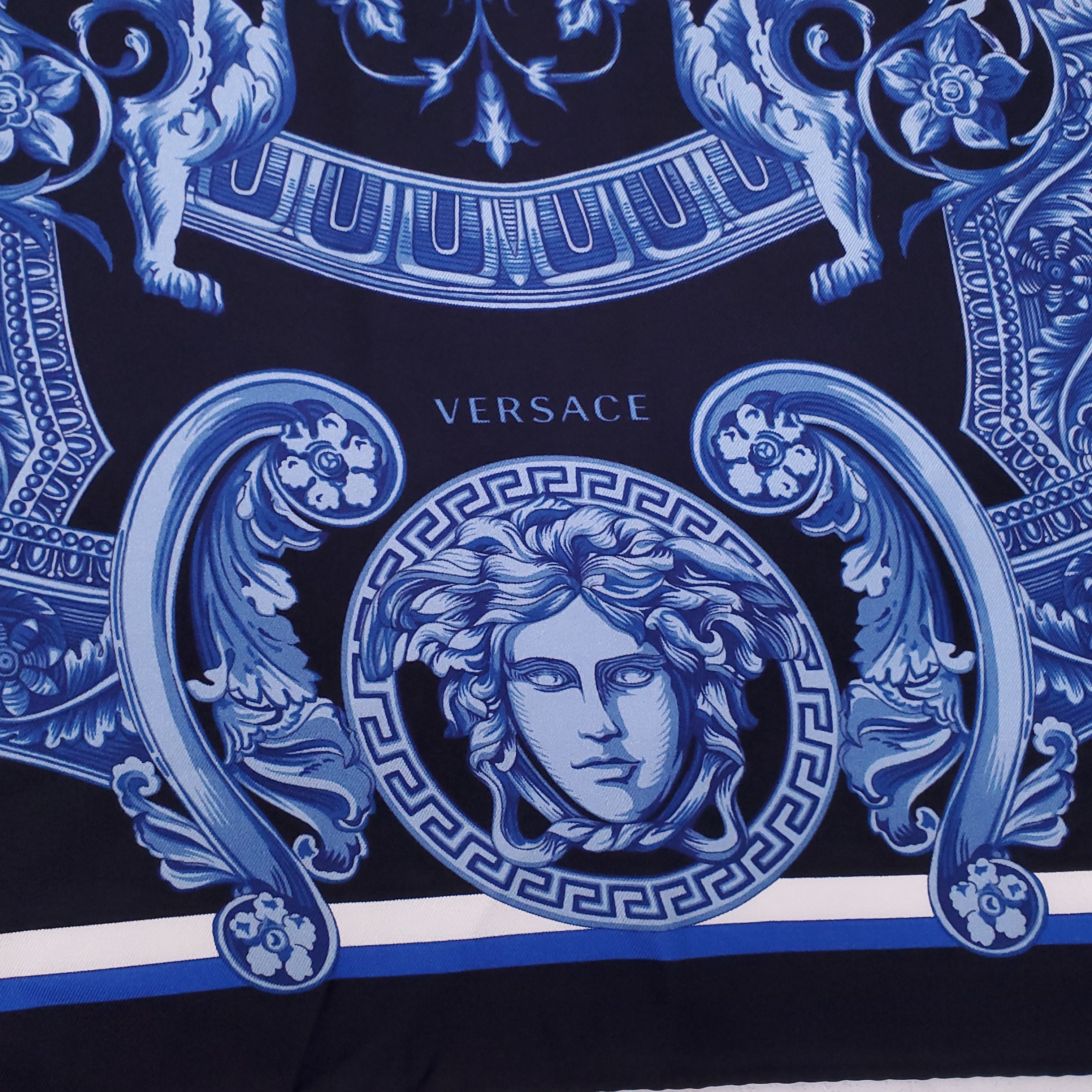 VERSACE NAVY MEDUSA PATTERNED SILK SCARF