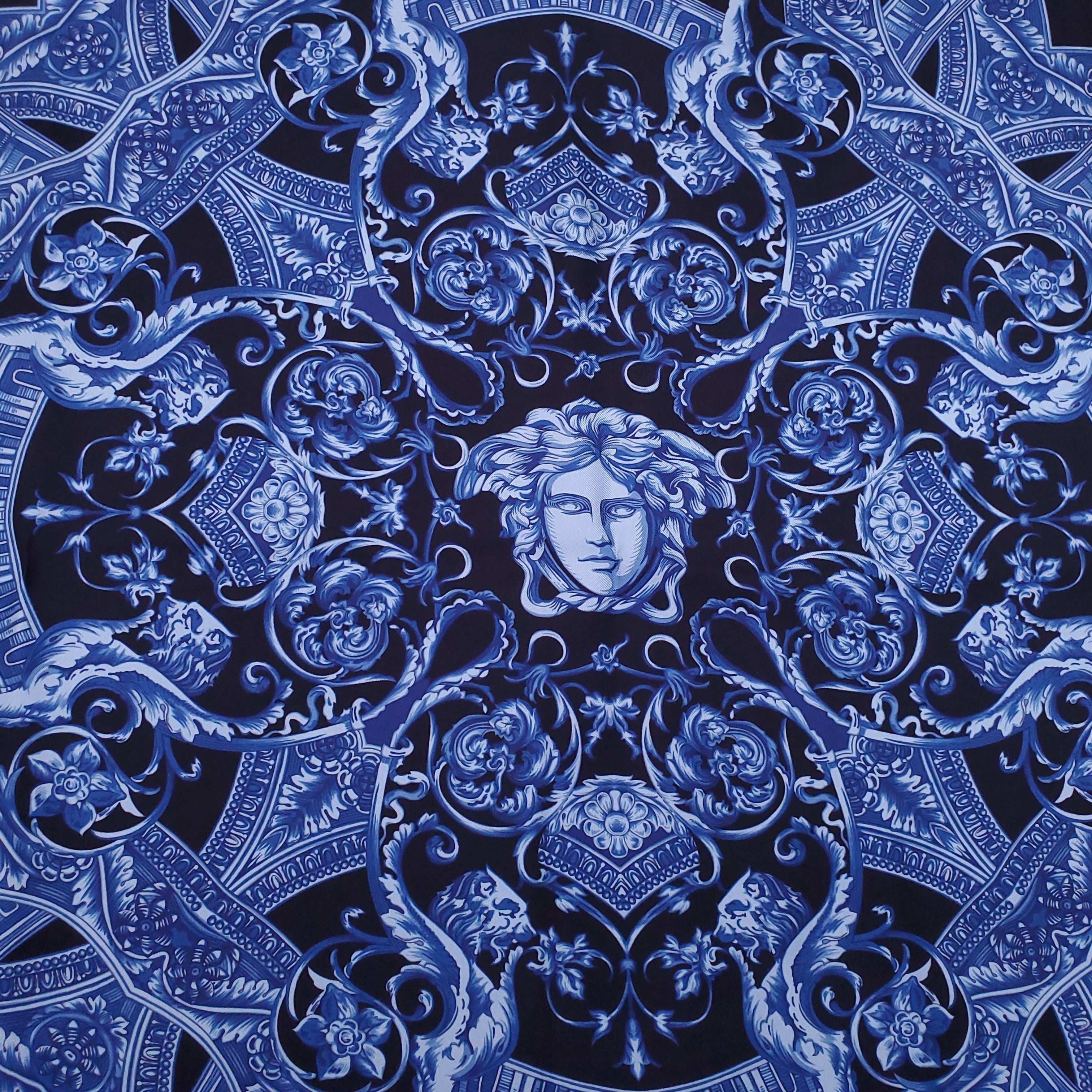 VERSACE NAVY MEDUSA PATTERNED SILK SCARF