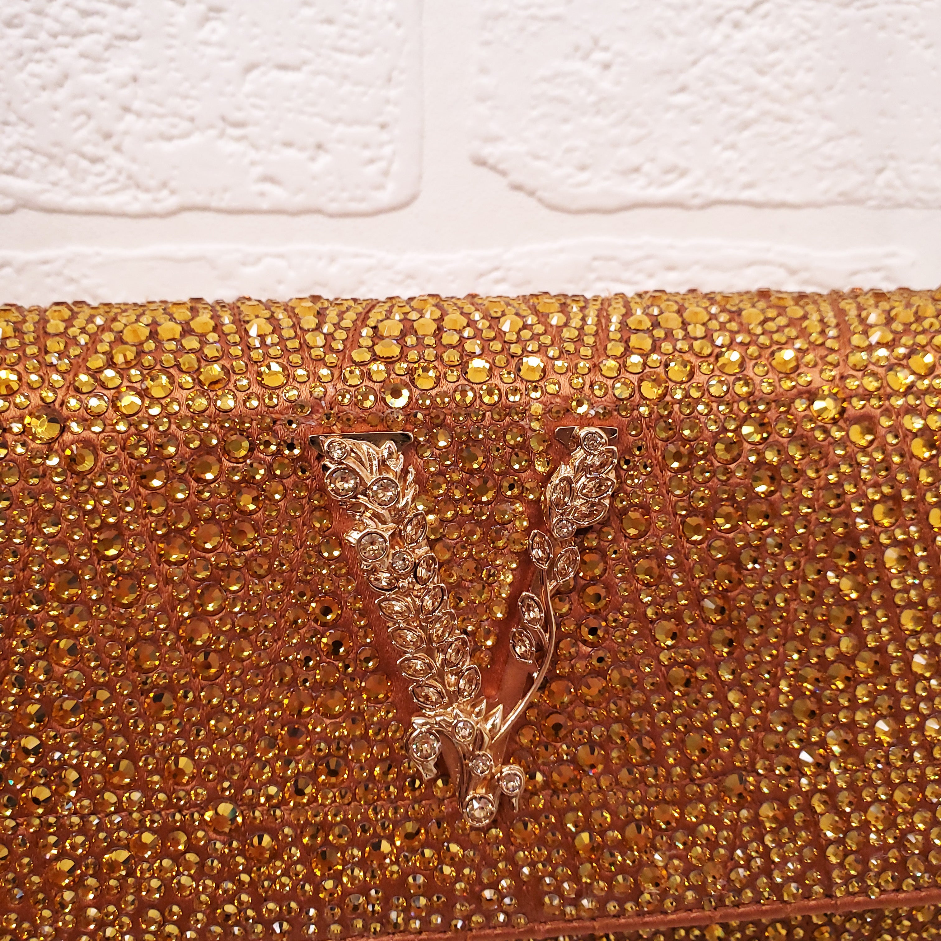 VERSACE ORANGE MINI VIRTUS CRYSTAL PAVÉ EVENING BAG