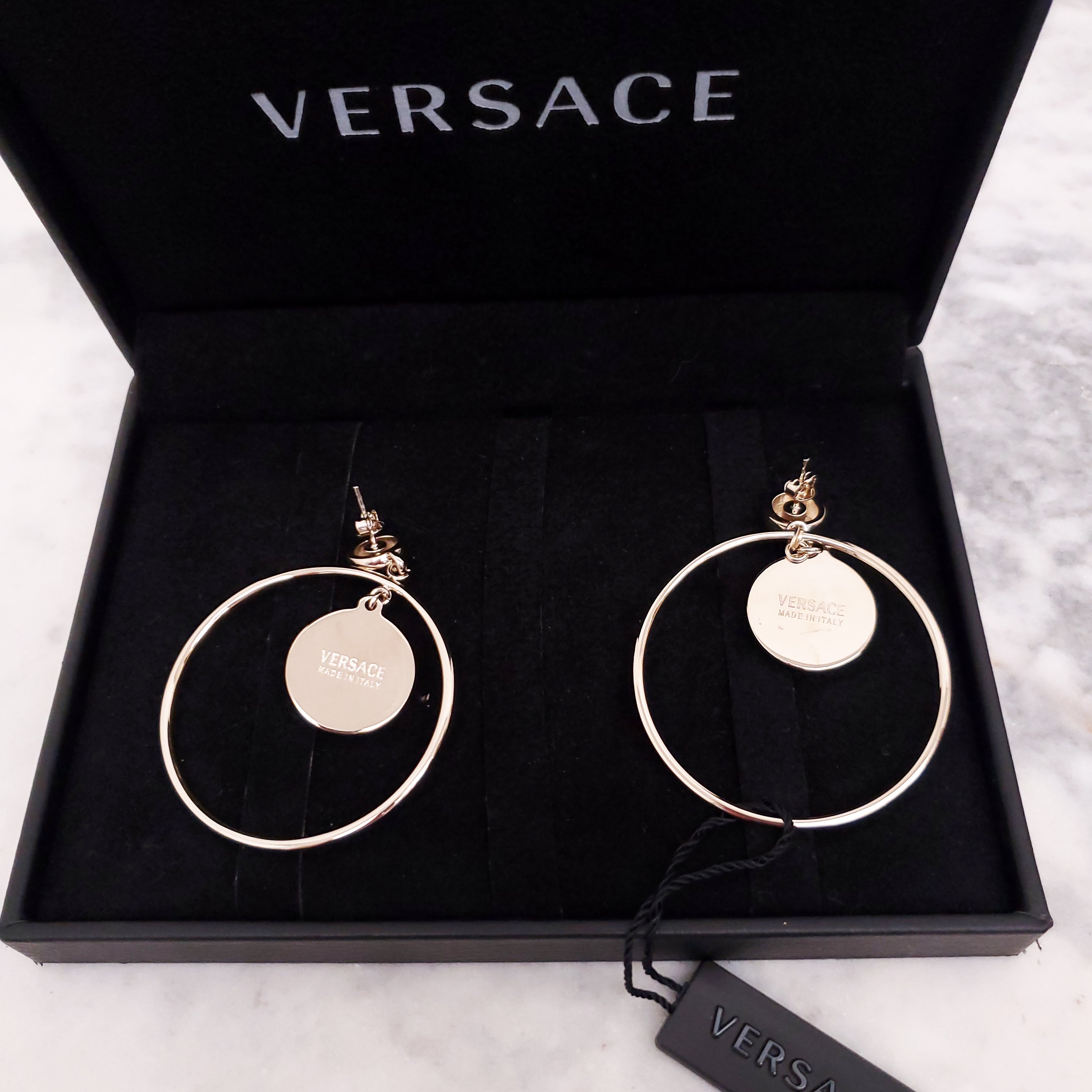 VERSACE ELECTRUM HOOP EARRINGS WITH MEDUSA EMBLEM