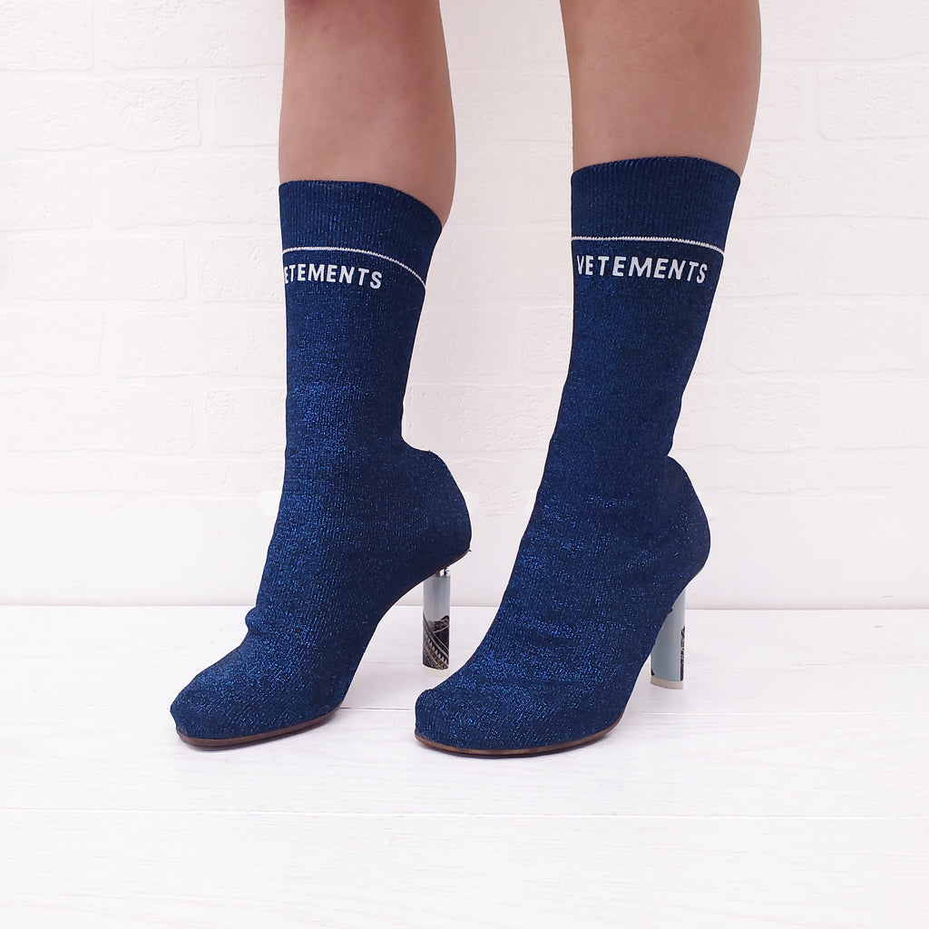 VETEMENTS BLUE SPARKLE CIGARETTE BOOTS - SIZE 38