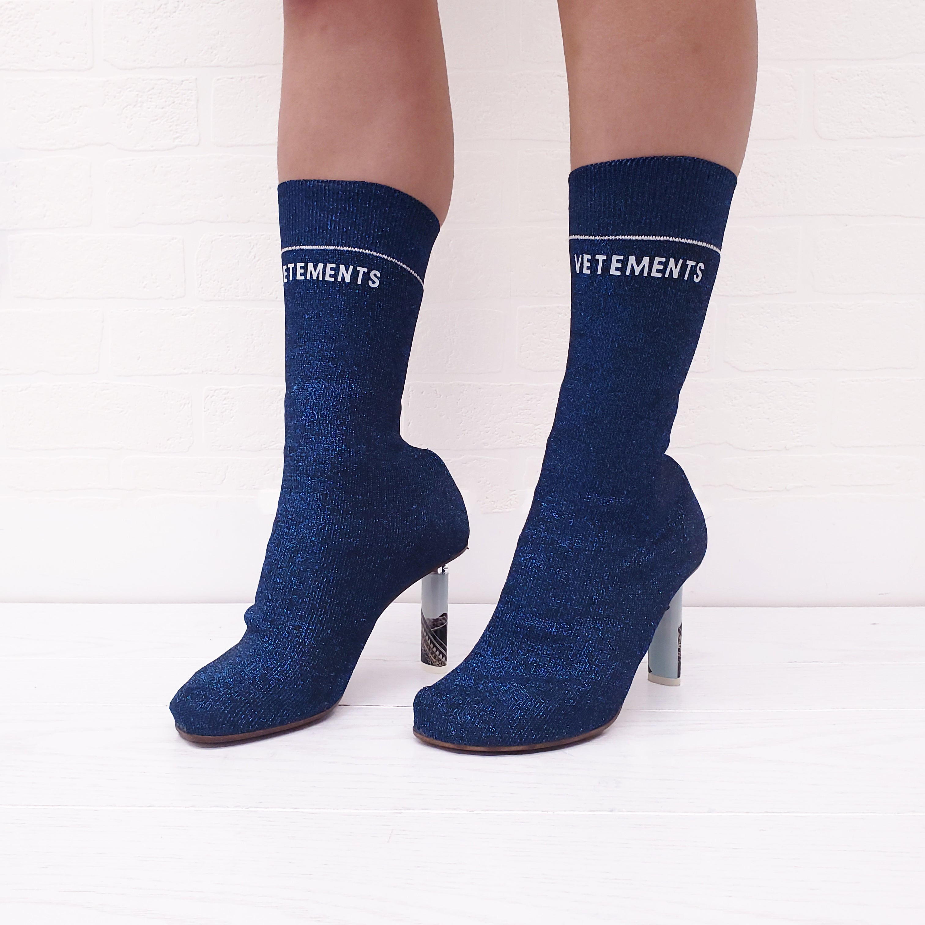 VETEMENTS BLUE SPARKLE CIGARETTE BOOTS - SIZE 38