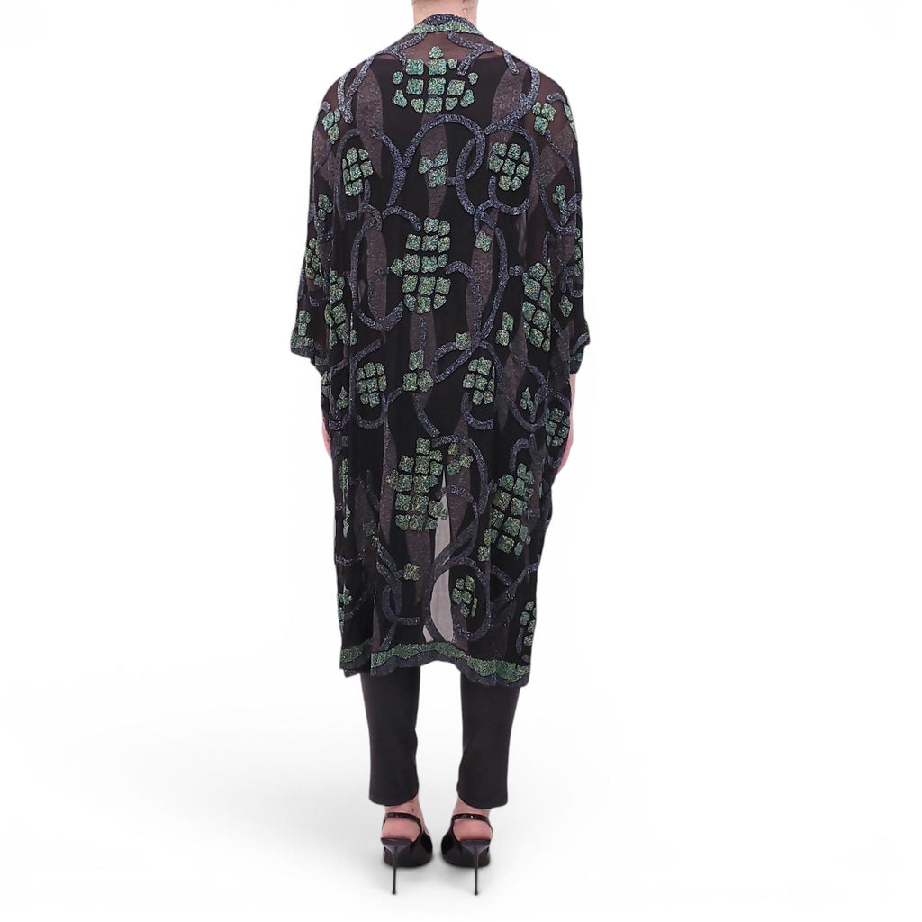 VINTAGE BLACK SHEER CARDIGAN WITH GREEN AND PURPLE BEADING - SIZE L